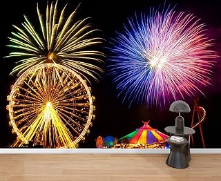 Wall Mural Peel & Stick Amusemant Pier New Jersey Colorful Firework Explosions Self-Adhesive Wallpaper Removable Wall Decal Wall Sticker Home Decor for Living Room Bedroom 69"x96"