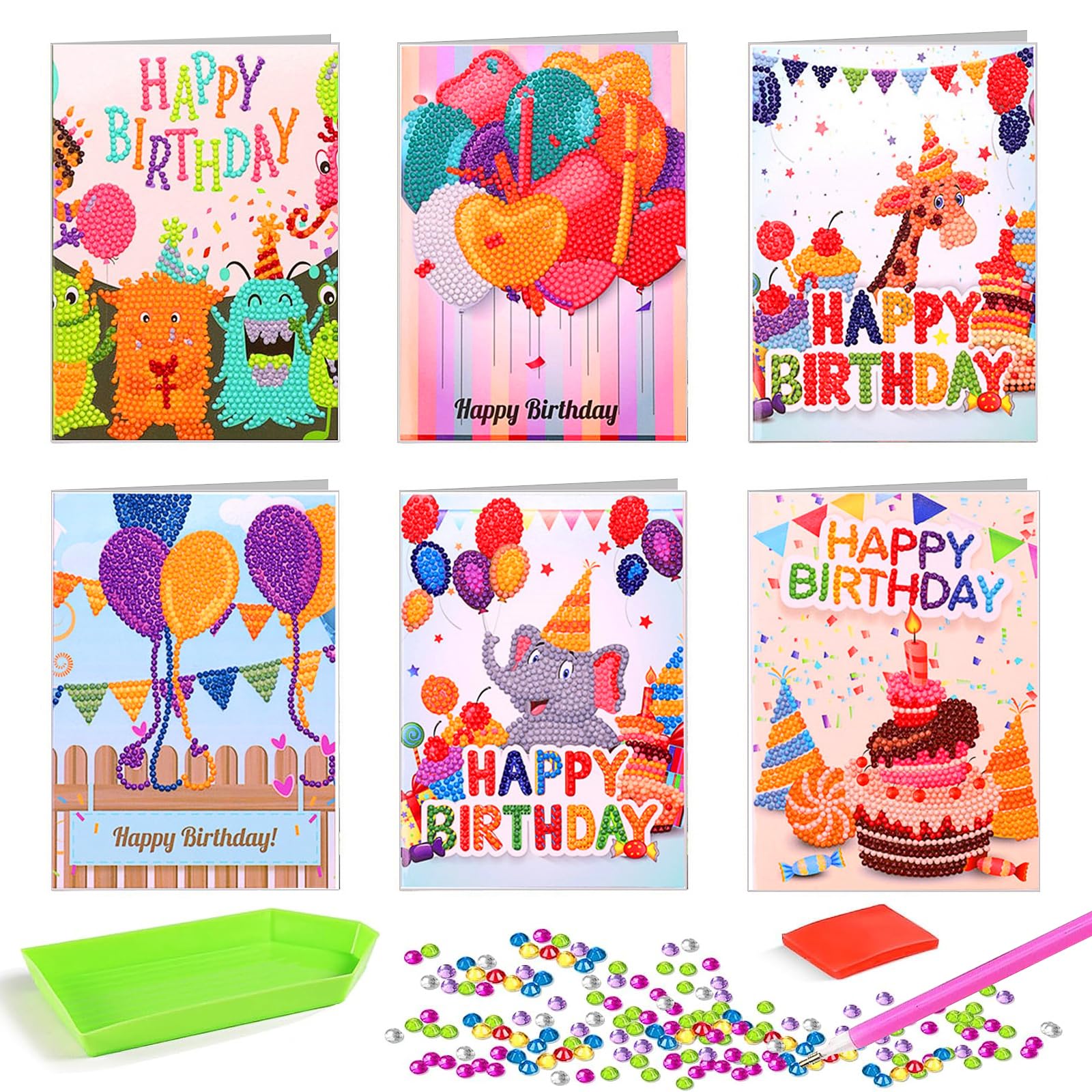 DEESOSPRO® Biglietto di Compleanno Diamond Painting, 6 pezzi Biglietti di Pittura a Diamante, Biglietti di Compleanno Pittura a Diamante Busta Inclusa