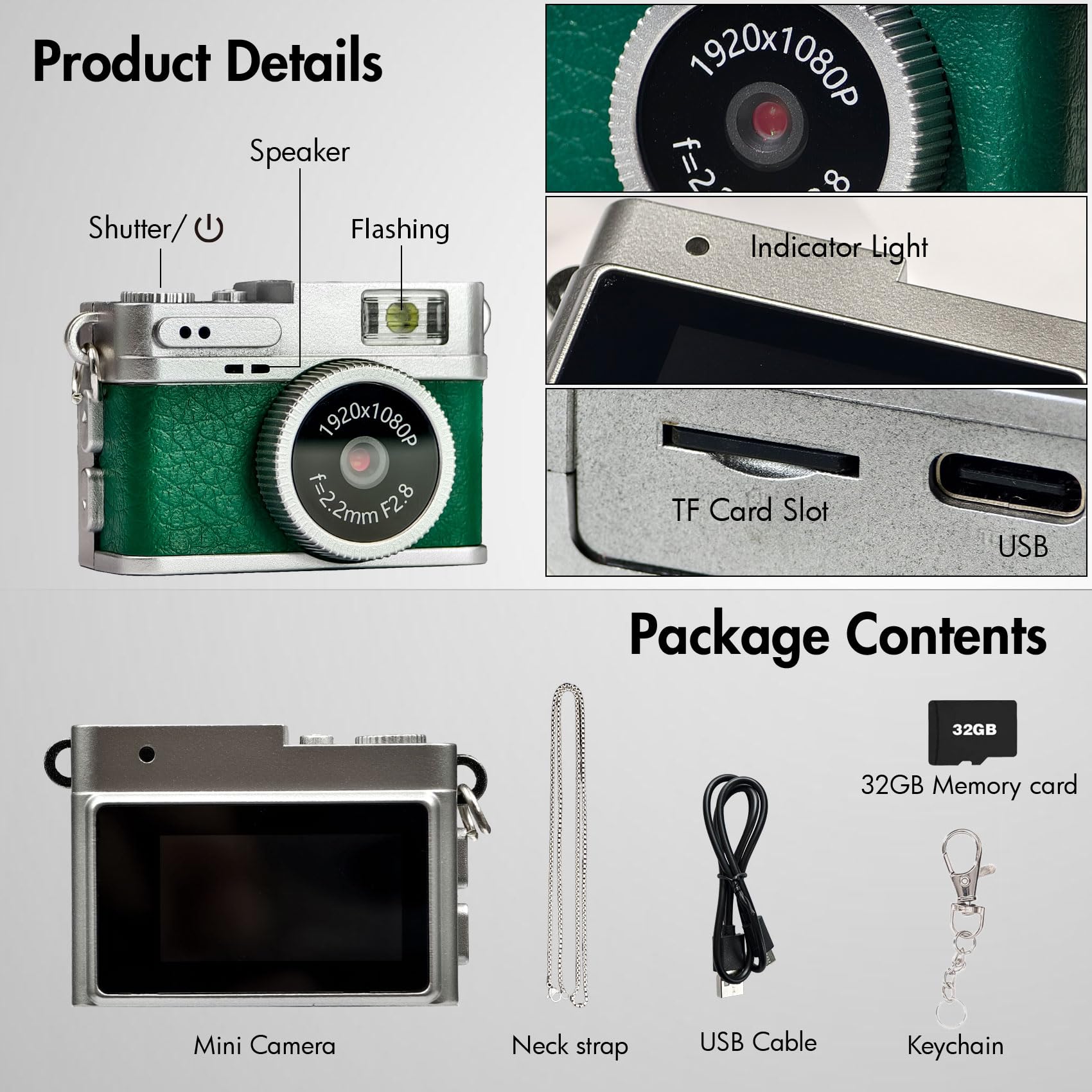 Mini portachiavi con fotocamera digitale, mini fotocamera retrò portatile vintage, video 1080p, con scheda da 32 GB, per principianti, adolescenti, adulti, bambini (verde)