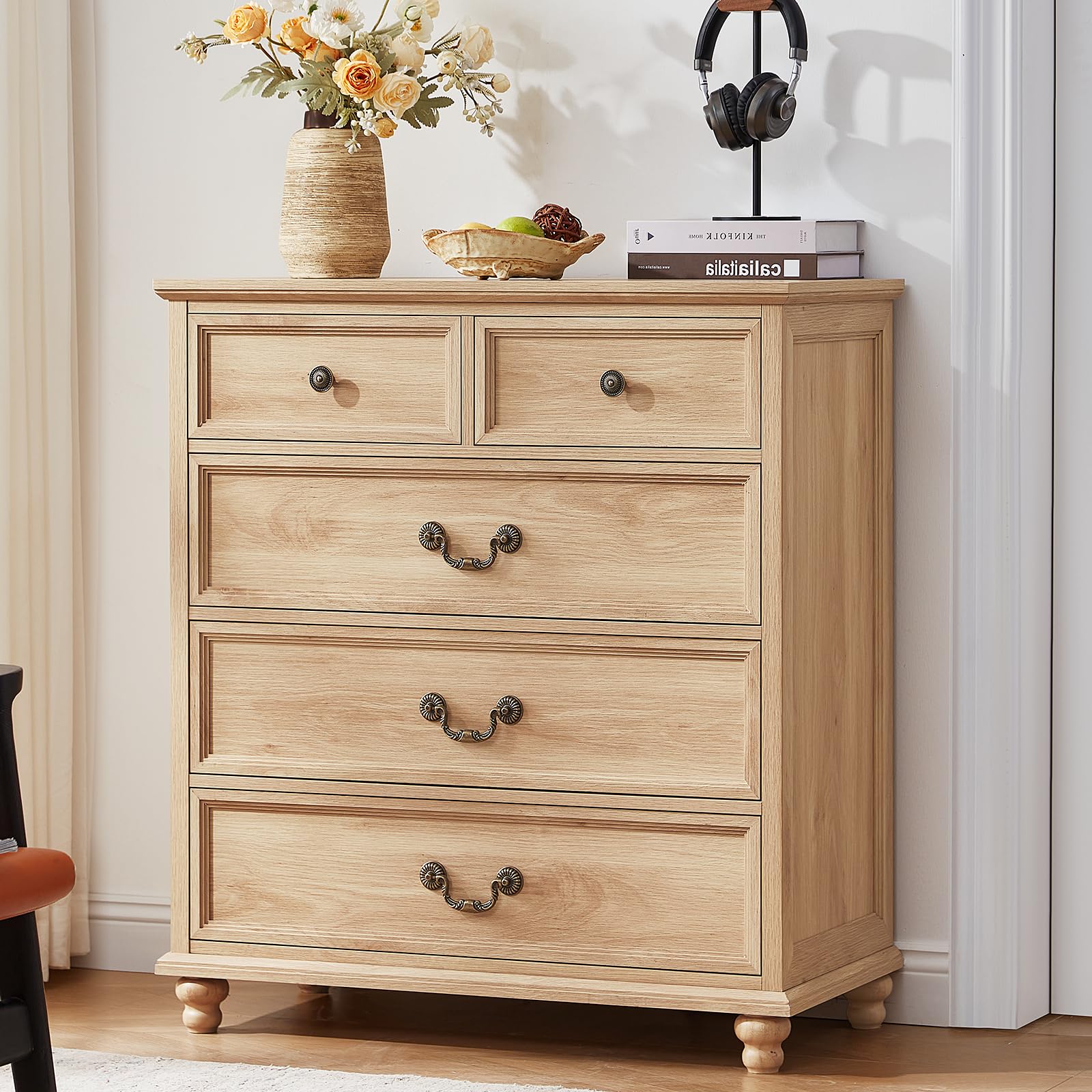 Joaxswe Farmhouse 5 Drawer Dresser for Bedroom, 35" Tall Rustic Chests of Drawers w/ 4 Solid Wood Feet, Mid Century Modern Wooden Closet Storage Dressers Organizer for Living Room, Hallway,Natural