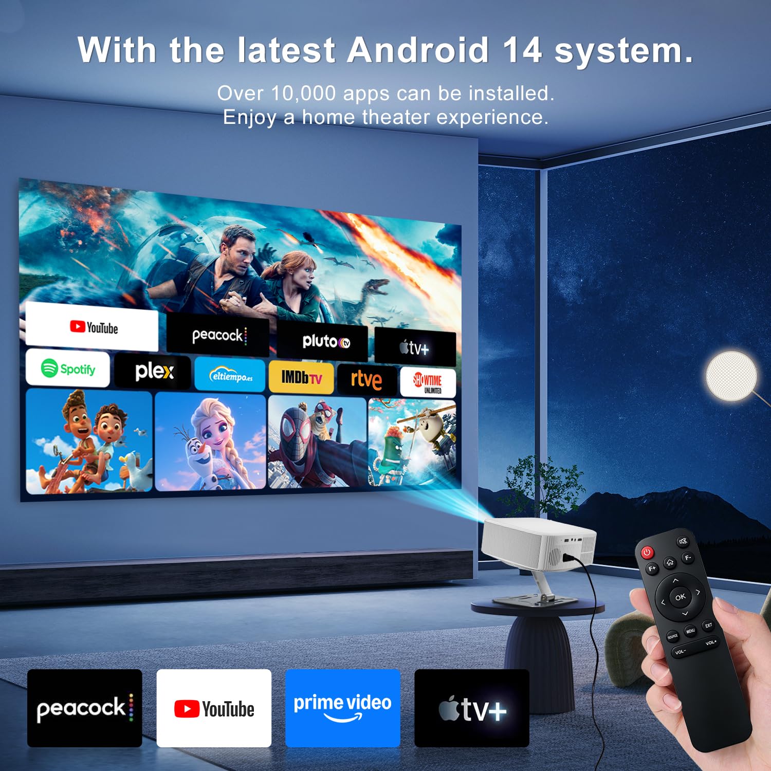 Salange Proyector Compatible 4K [1080P Nativo | Aplicación Integrada | Android 14], Proyector Inteligente WiFi6 y Bluetooth 5.4, Enfoque Electrónico y Autocorrección, Cine en Casa, Rotación 180°