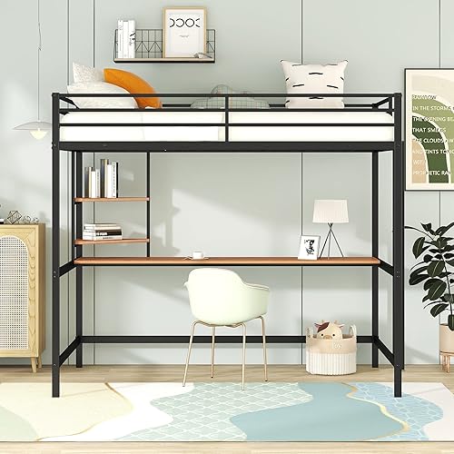 Miniatura 3 de Harper & Bright Designs Cama tipo loft de metal de tamaño matrimonial con escritorio y estantes, marco de cama de metal con escritorio debajo para
