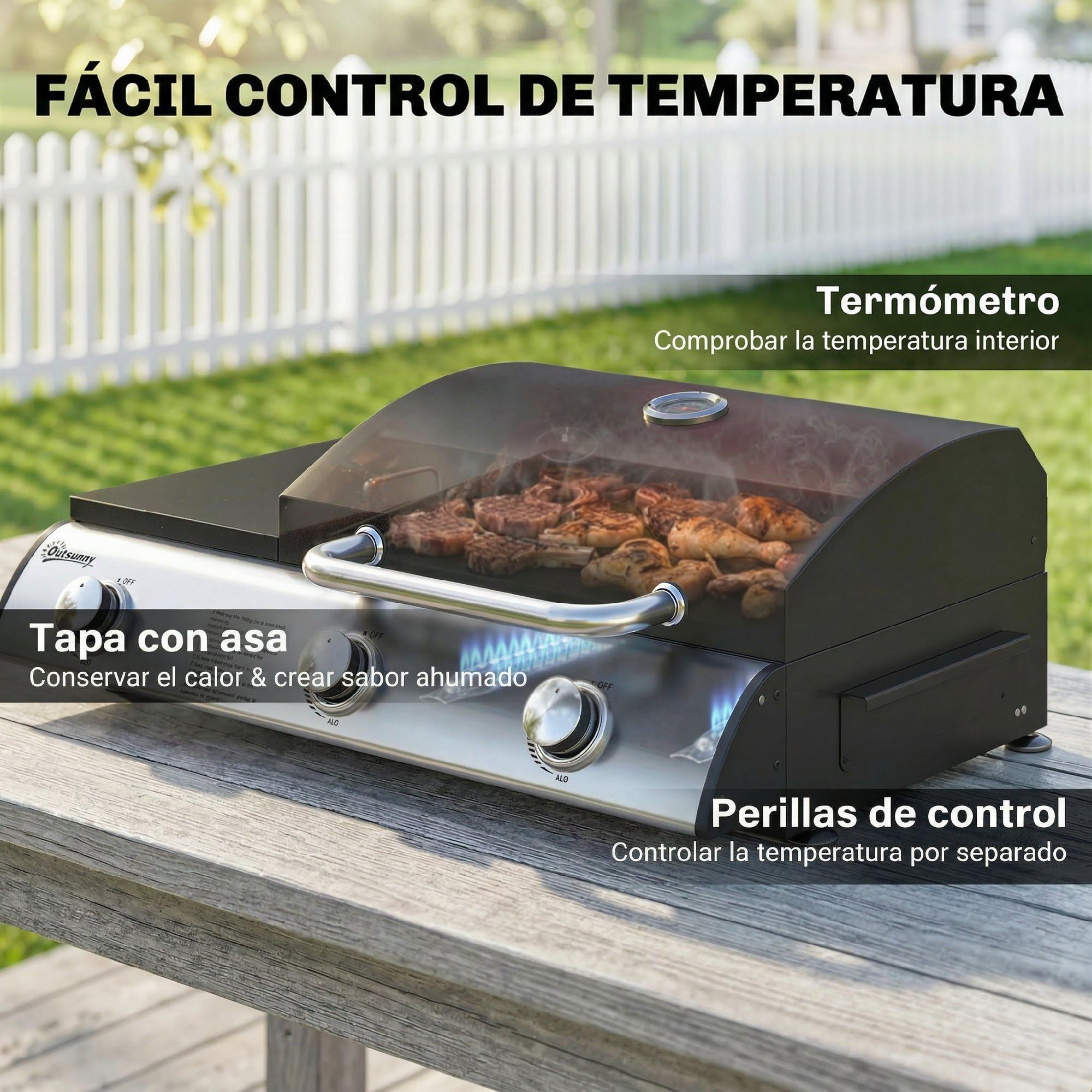 Outsunny Barbacoa de Gas BBQ Gas con 3 Quemadores 7,5 kW, Barbacoa de Mesa Portátil con Parrilla, Plancha, Estante Lateral Convertible, Termómetro, Tapa, Caja de Goteo, Patas Ajustables, Negro