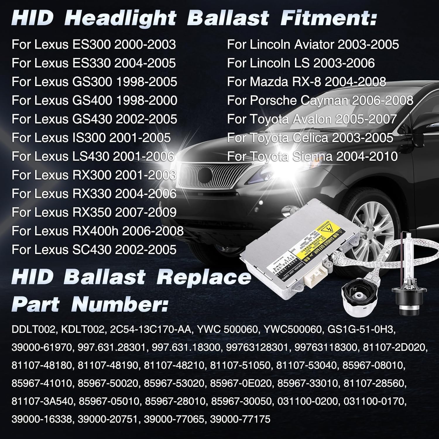 Xenon HID Headlight Ballast W/Igniter & D2S Bulb 85967-50020 Compatible with 01-05 for Lexus IS300 01-06 for Lexus LS430 02-05 for Lexus SC430 04-08 for Mazda RX-8 04-10 for Toyota Sienna