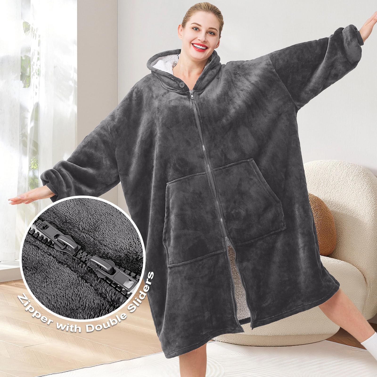 Sudadera con Capucha Manta Usable para Mujeres Hombre Sherpa Sudadera de Gran Tamaño Mantas con Mangas Bolsillo para Adultos Gris oscuro