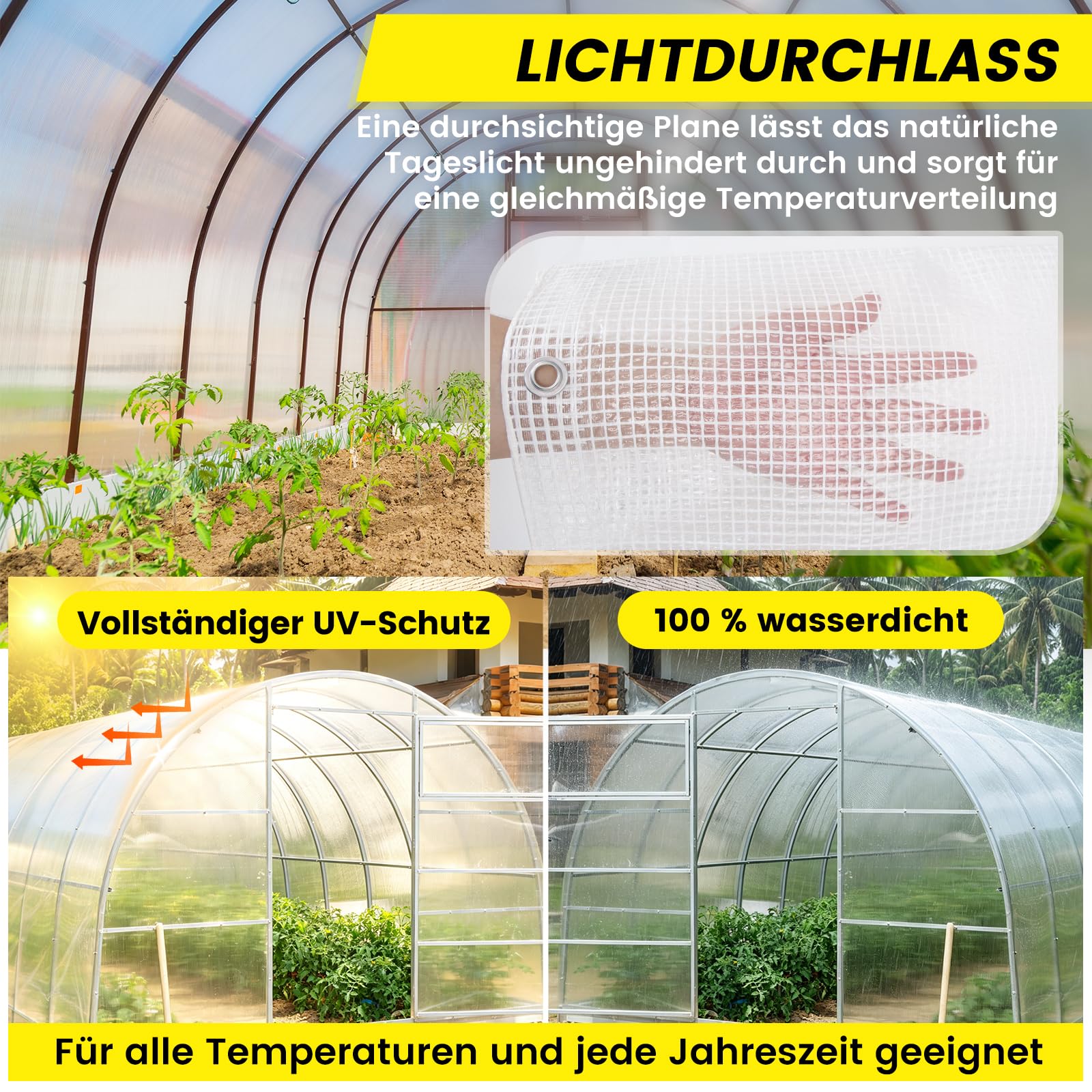 4x8m Gitter Abdeckplane Wasserdicht 140g/m² Transparente LKW Plane mit Ösen Reißfeste Gitterfolie Winterfeste Gewächshausfolie für Gartenmöbel Sandkasten Hühnerhaus und Holz