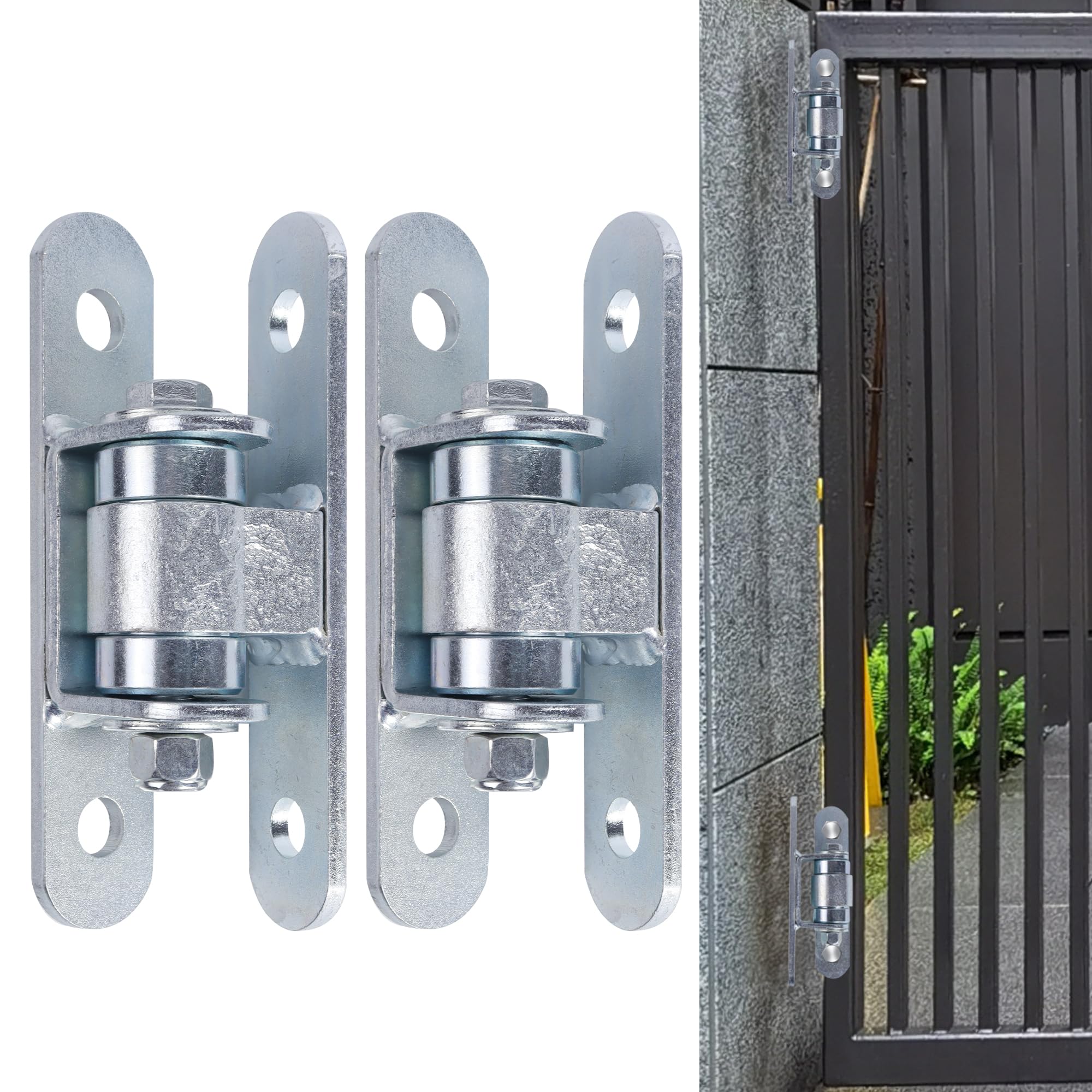Paquete de 2 bisagras de puerta resistentes, soporta puertas de hasta 1100 libras, bisagra de puerta con rodamiento pivotante ajustable de yugo, rodamiento sellado de perno resistente, bisagra de