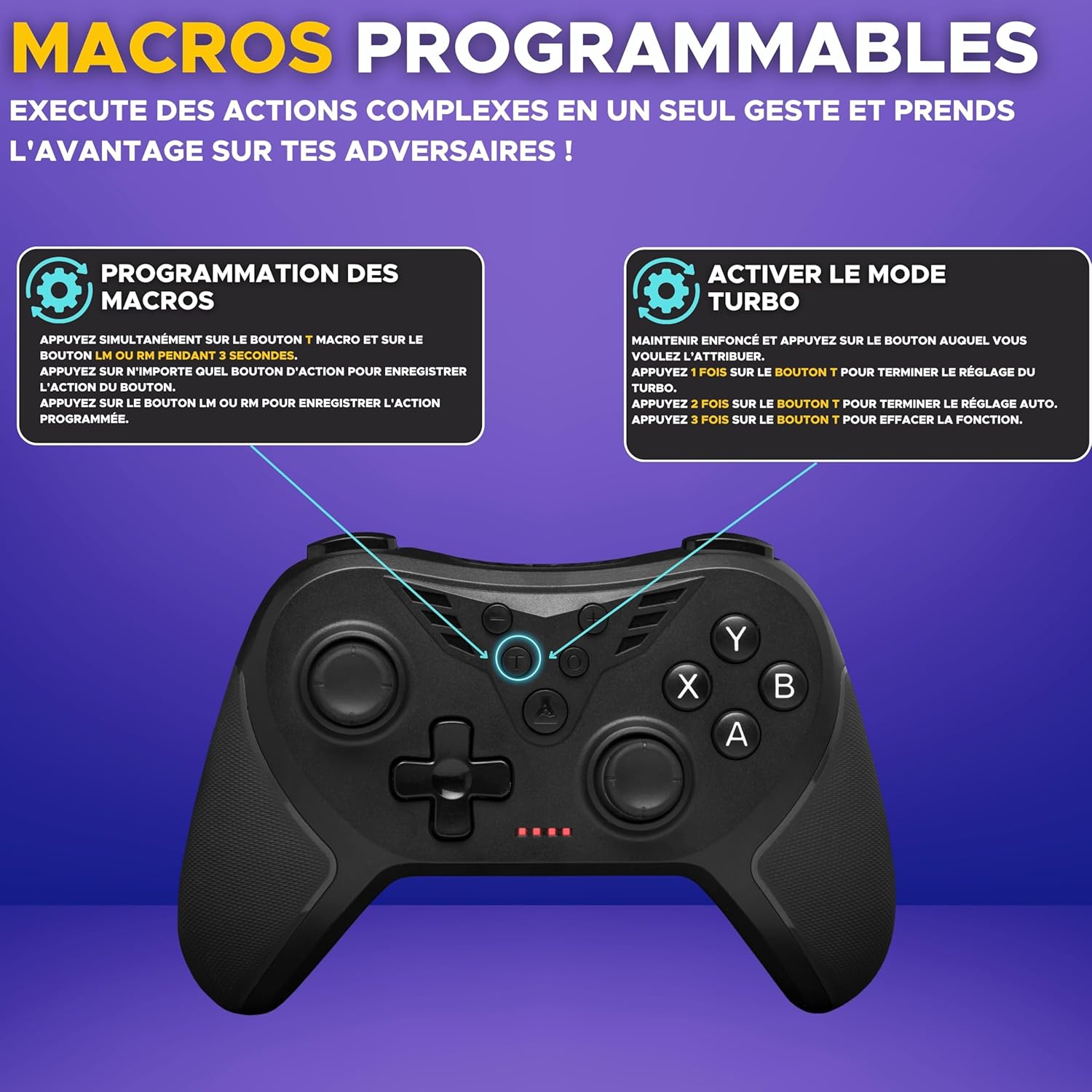 The G-Lab K-Pad Helium WL Wireless PC Controller illustrating Macro programming and Turbo mode