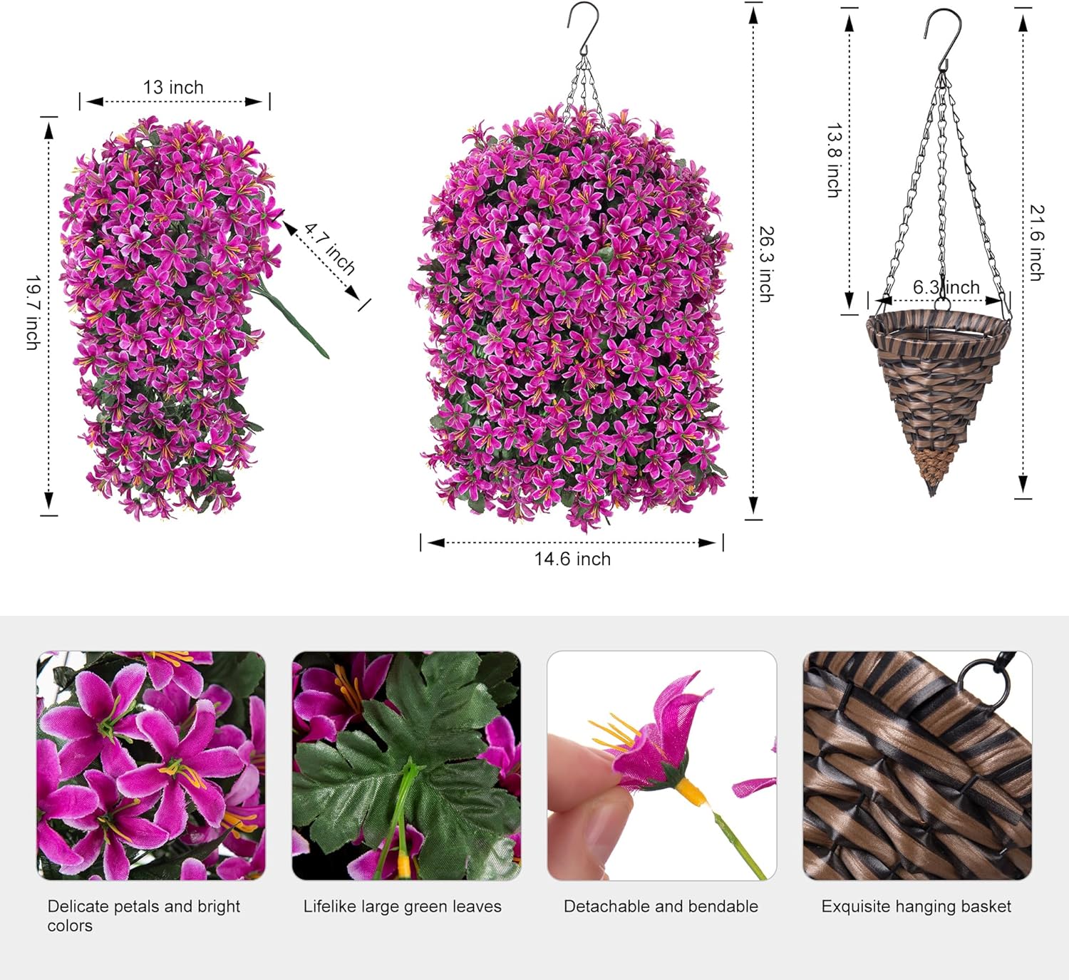 Artificial Flower for Outdoors 4pcs Fake Lily Hanging Flower Baskets for Outside UV Resistant Silk Faux Long Trailing Vines for Garden Porch Patio, Fuchsia - Image 2
