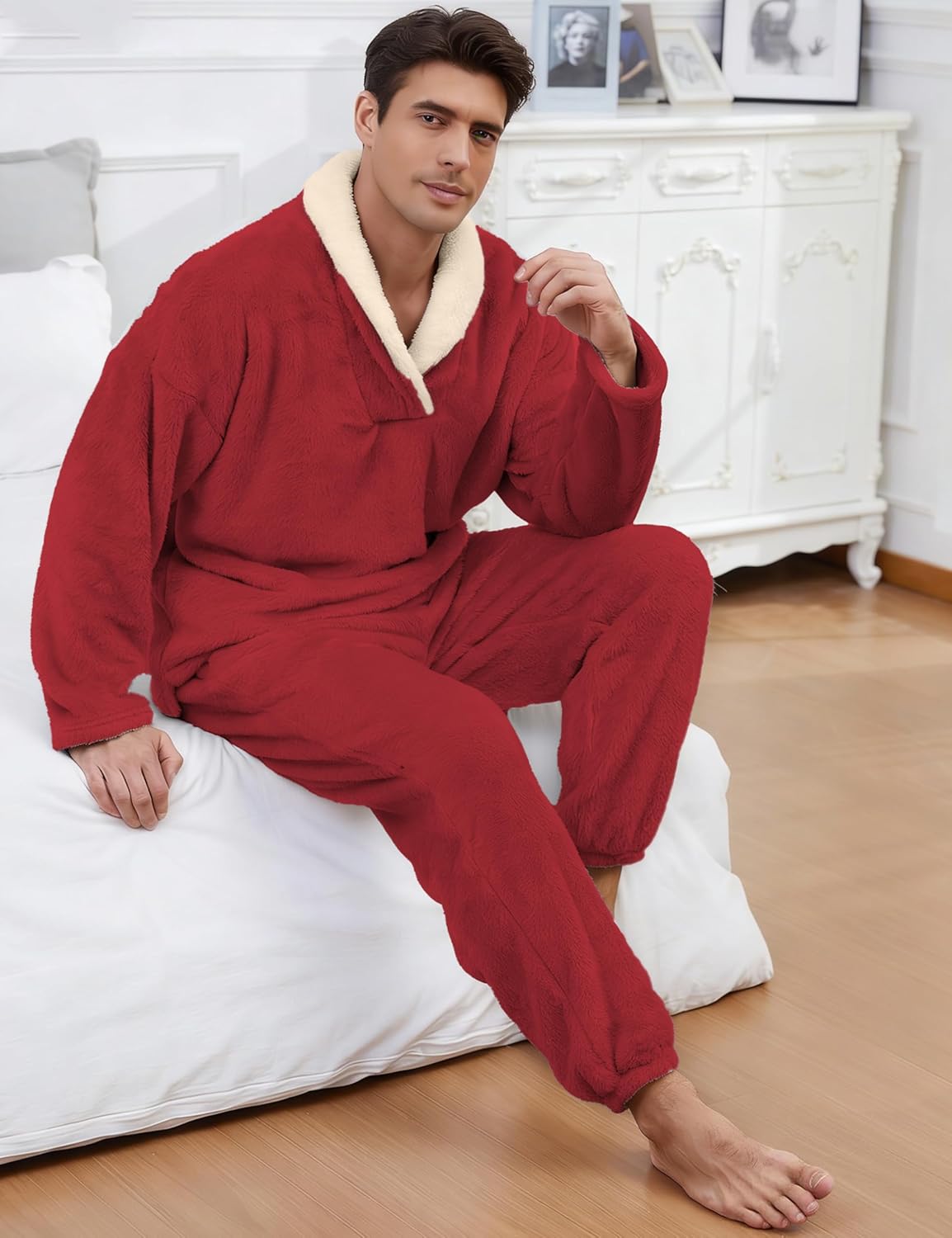 Peaceglad Mens Fluffy Coral Fleece Pajamas Set Pullover Pants Loose Plush Warm Loungewear Sleepwear - Image 7
