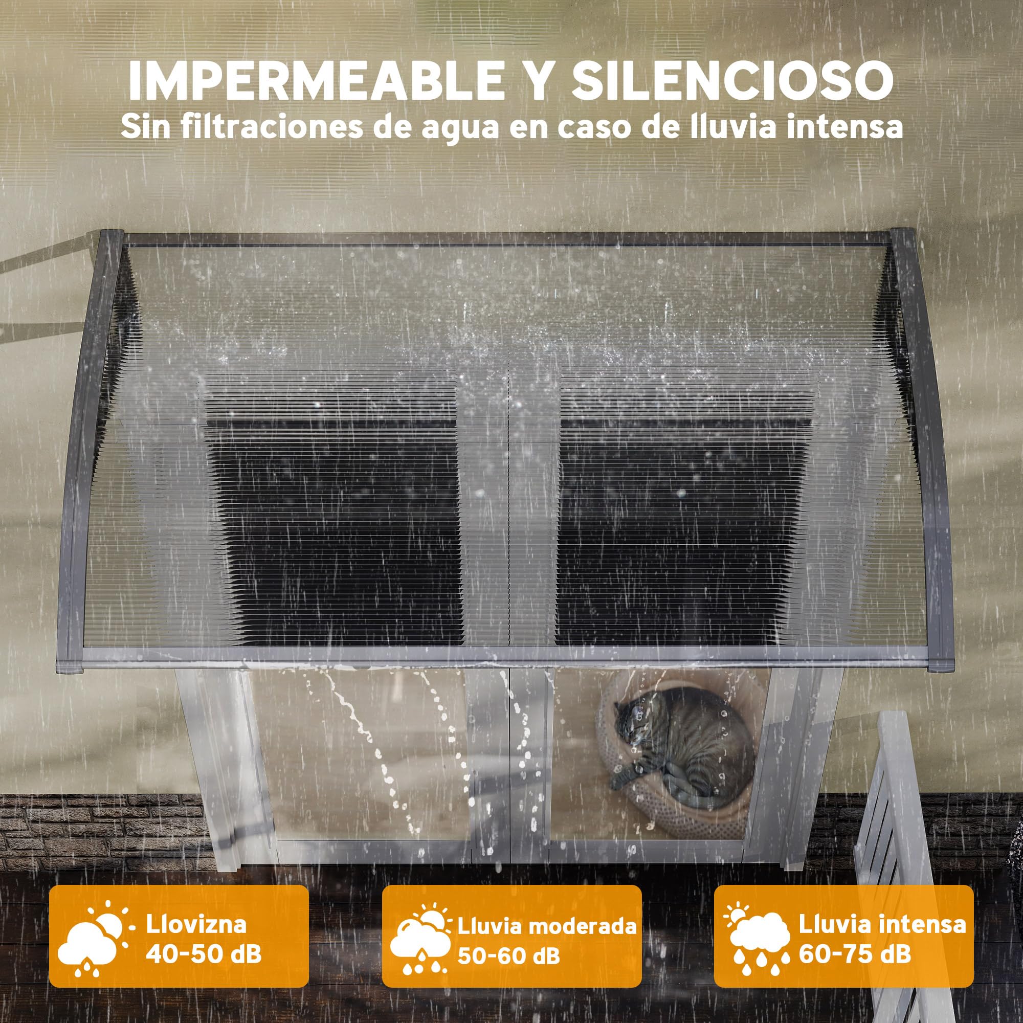 Outsunny Marquesinas Exterior para Puertas y Ventanas, 110x60 cm, Tejadillo de Protección contra Sol y Lluvia, con Cubierta de Policarbonato, Soportes de PP y Regleta de Aluminio, Gris y Transparente
