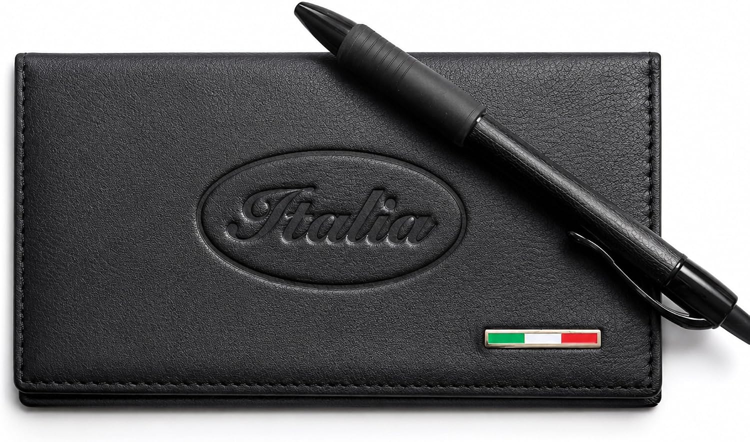 P.S. I Love Italy Italia Leather Checkbook Cover, Black, Slim and Durable, with Italian Flag Emblem, 6.5 x 3.5 x 0.4 Inches