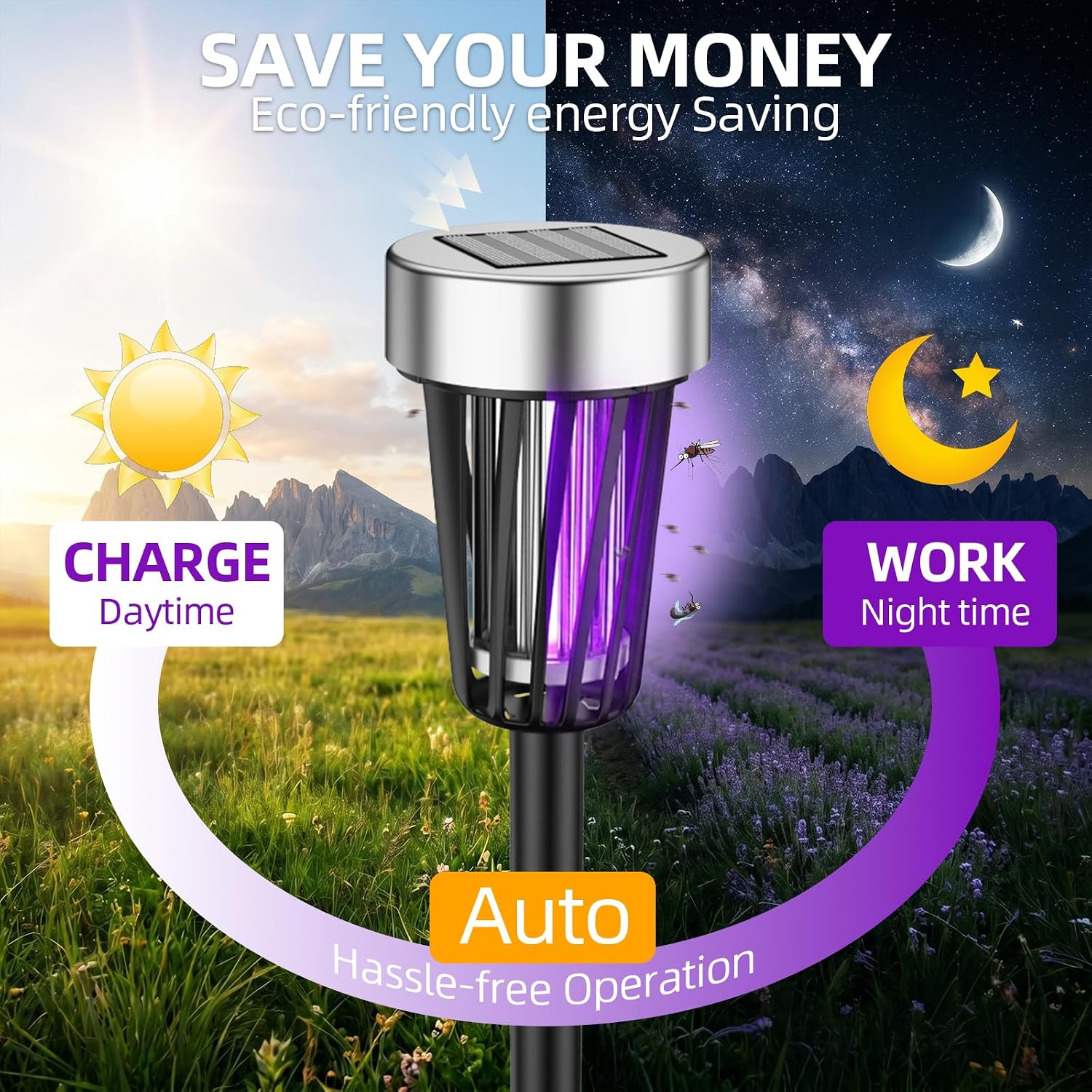 2026 Solar Bug Zapper Outdoor Waterproof Mosquito Repellent Outdoor Patio Mosquito Trap & Killer for Garden, Backyard, Farm, Solar Powered Fly Zapper for Small Flying Insect, Gnats, Flies, Moths(4)