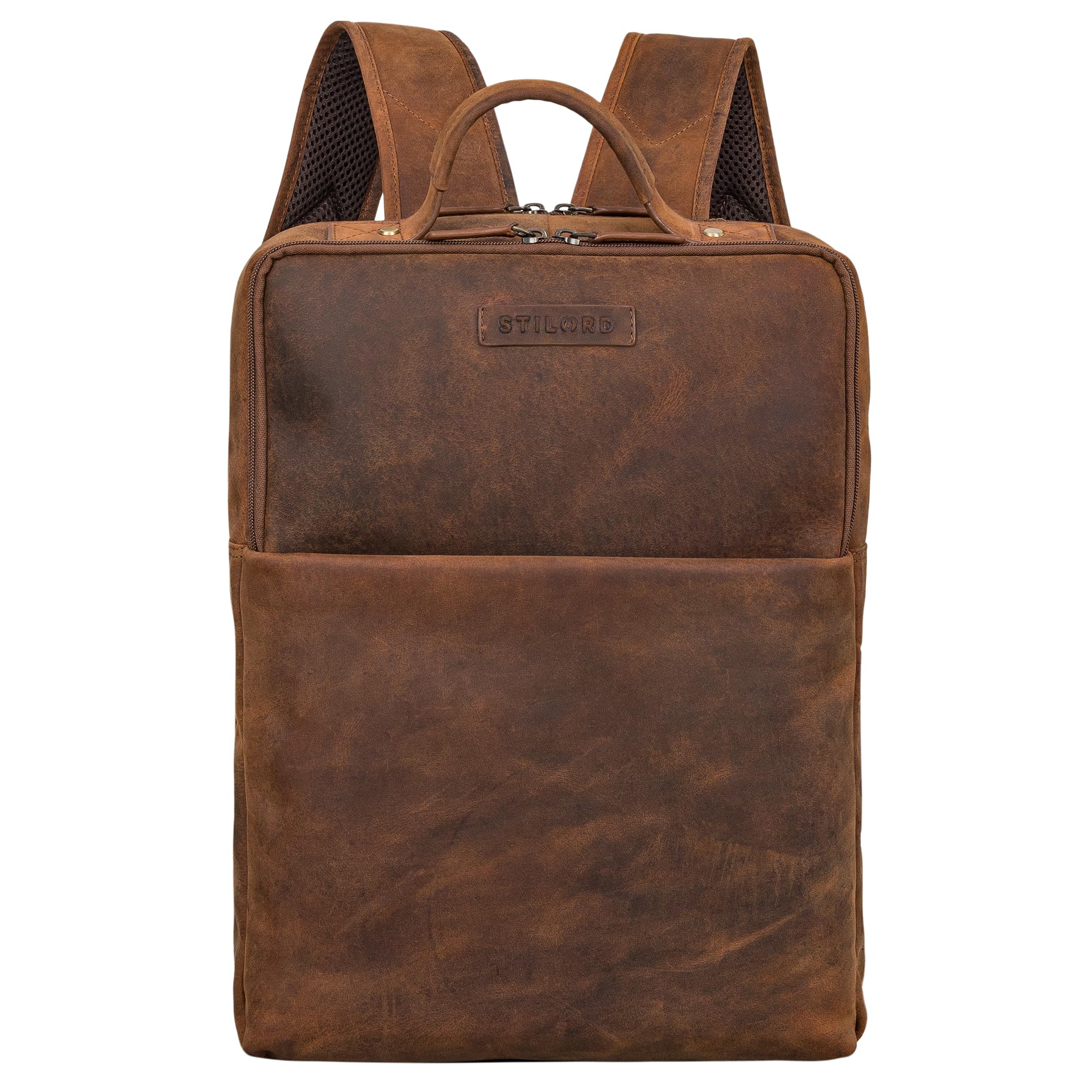 STILORD 'Noé' Mochila Elegante para Ordenador de 14 Pulgadas Mochilas de Cuero para Negocios Hombre Mujer Backpack de Trabajo Cuero Genuino, Color:avani - marrón