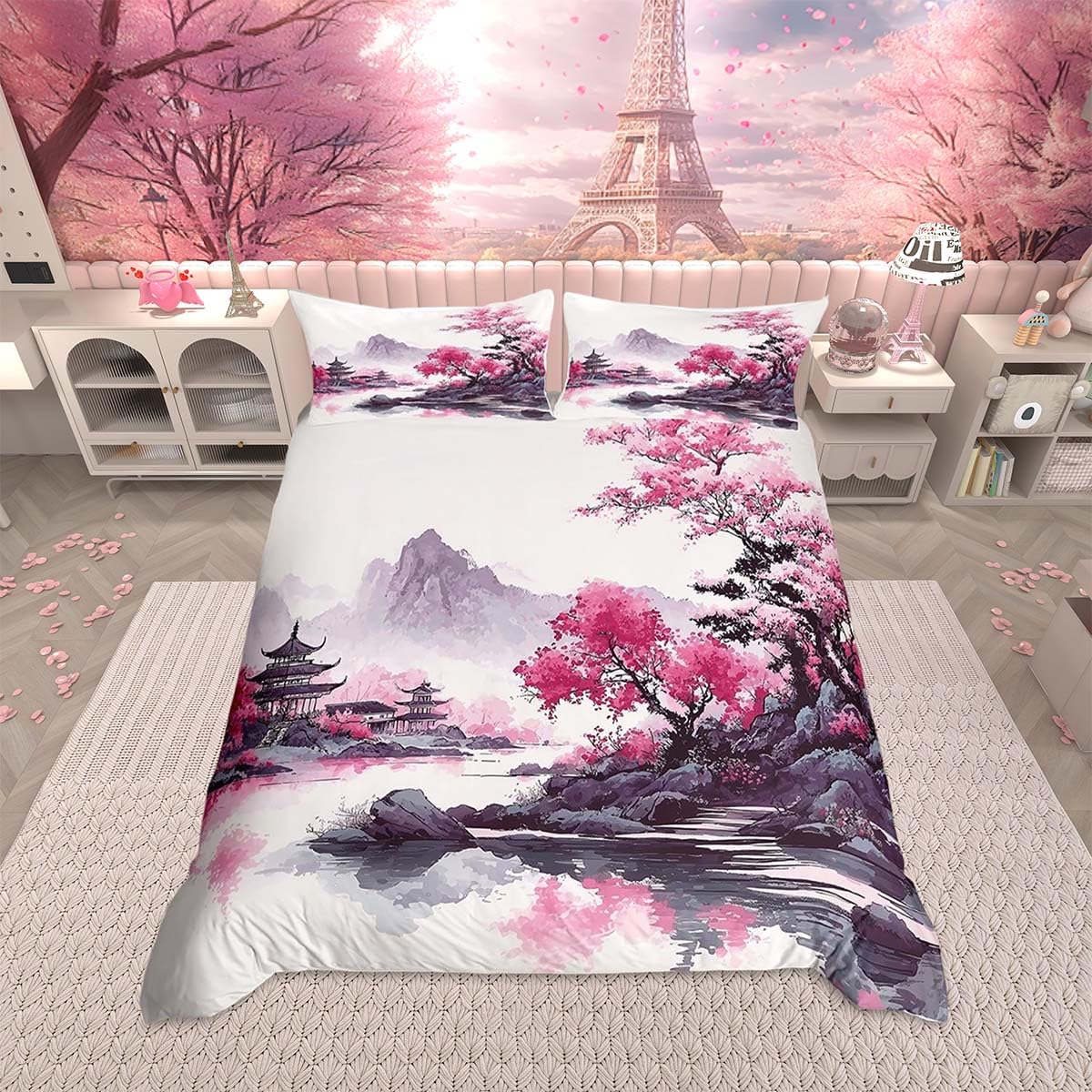 Homemissing Japanese-Style Duvet Cover Set Cot Size for Kids Boys Girls Cherry Blossoms Bedding Set Japanese Ukiyoe Duvet Cover with 1 Pillowcase Fuji Mountain Printed Decor Bedding