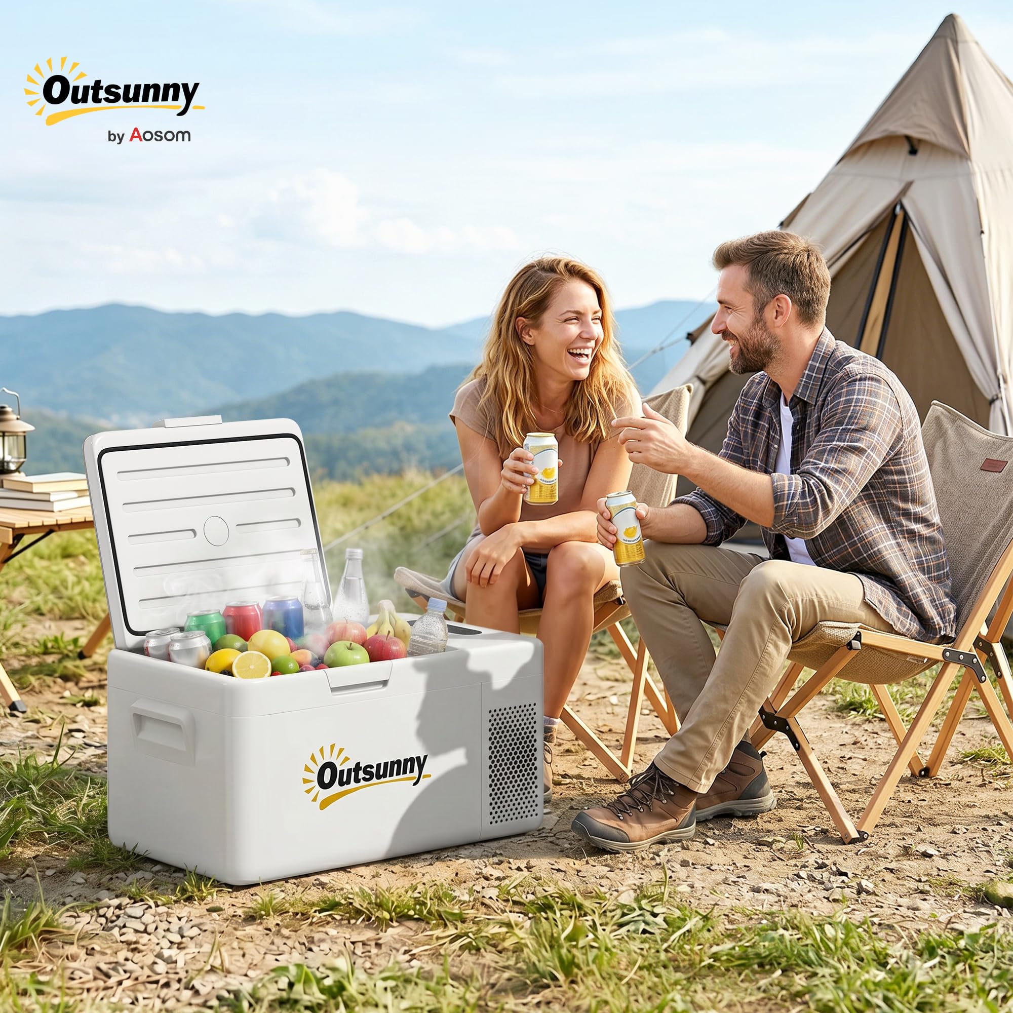 Outsunny Nevera Portátil Eléctrica 16,8L Refrigerador de Coche 12/24/220V con Compresor Luz LED Pantalla Digital Modos ECO y MAX de -20℃ a +20 ℃ Puerto USB para Hogar Camping Viajes Automóvil