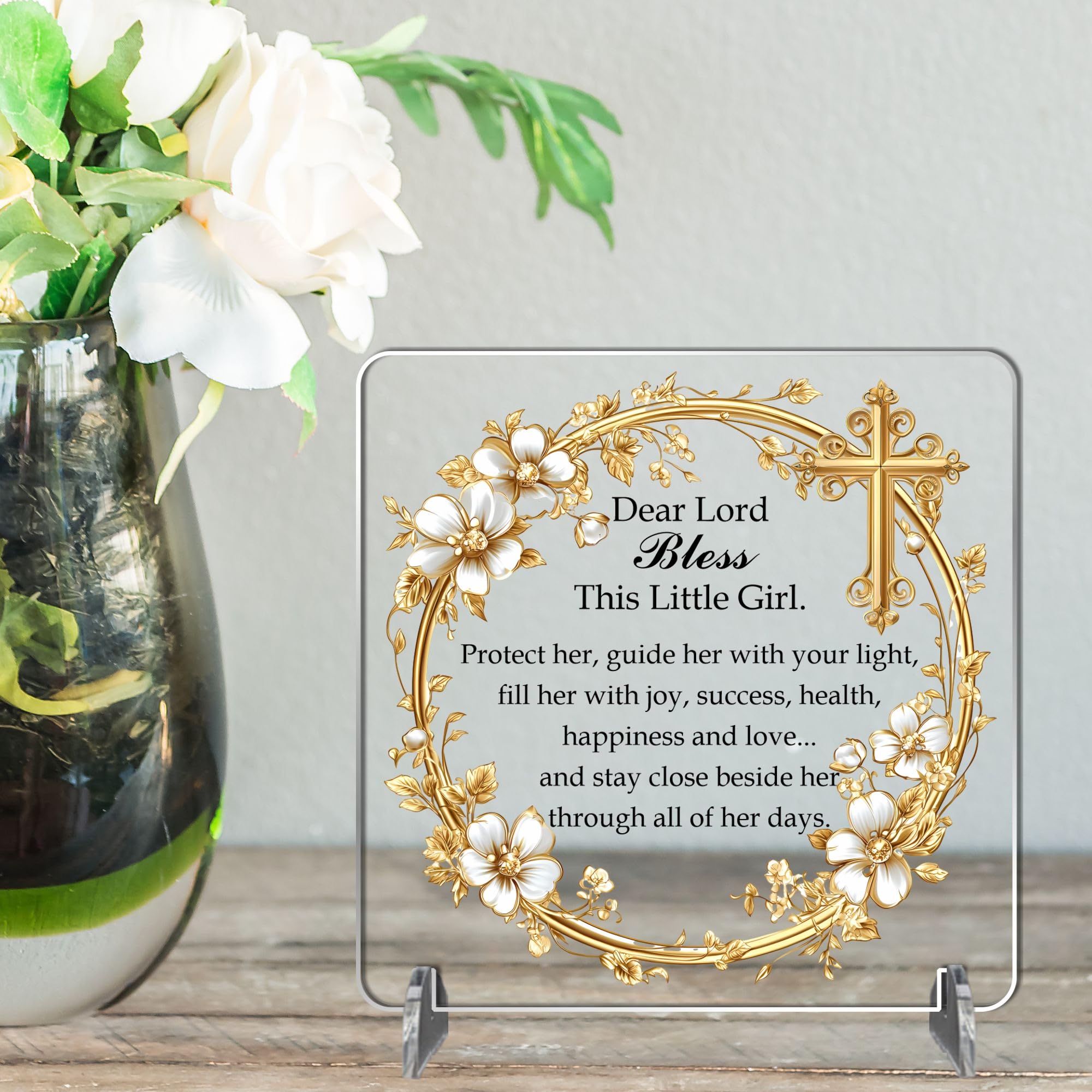 Baby Blessing Plaque | Christening Baptism Gift | Religious for Baby Boy or Girl | Godchild Prayer Plaque | Catholic Dedication Gift (Girl - Gold Floral, Acrylic, Medium: 14 cm (H) × 14 cm (W))
