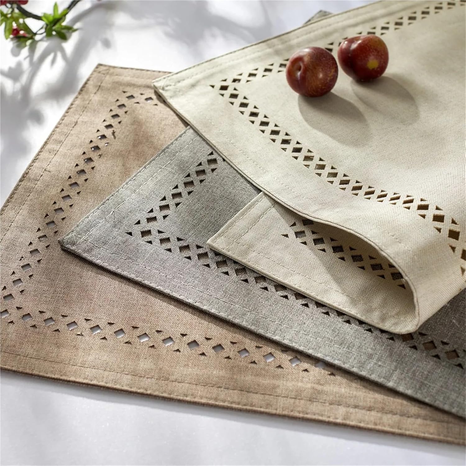 Cream Hollow Placemats Rustic Geometric Fabric Place Mats Heat Gift Placemats for Wedding Kitchen Table Decor(Hollow Cream,4pcs 30x45cm)
