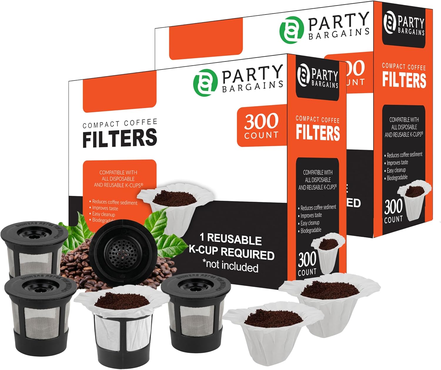 Party Bargains 600 Compact White Disposable Coffee Filters with 4 Black Reusable Single-Serve Coffee Filters (K-Cup Style, 1.0-Style Fit)