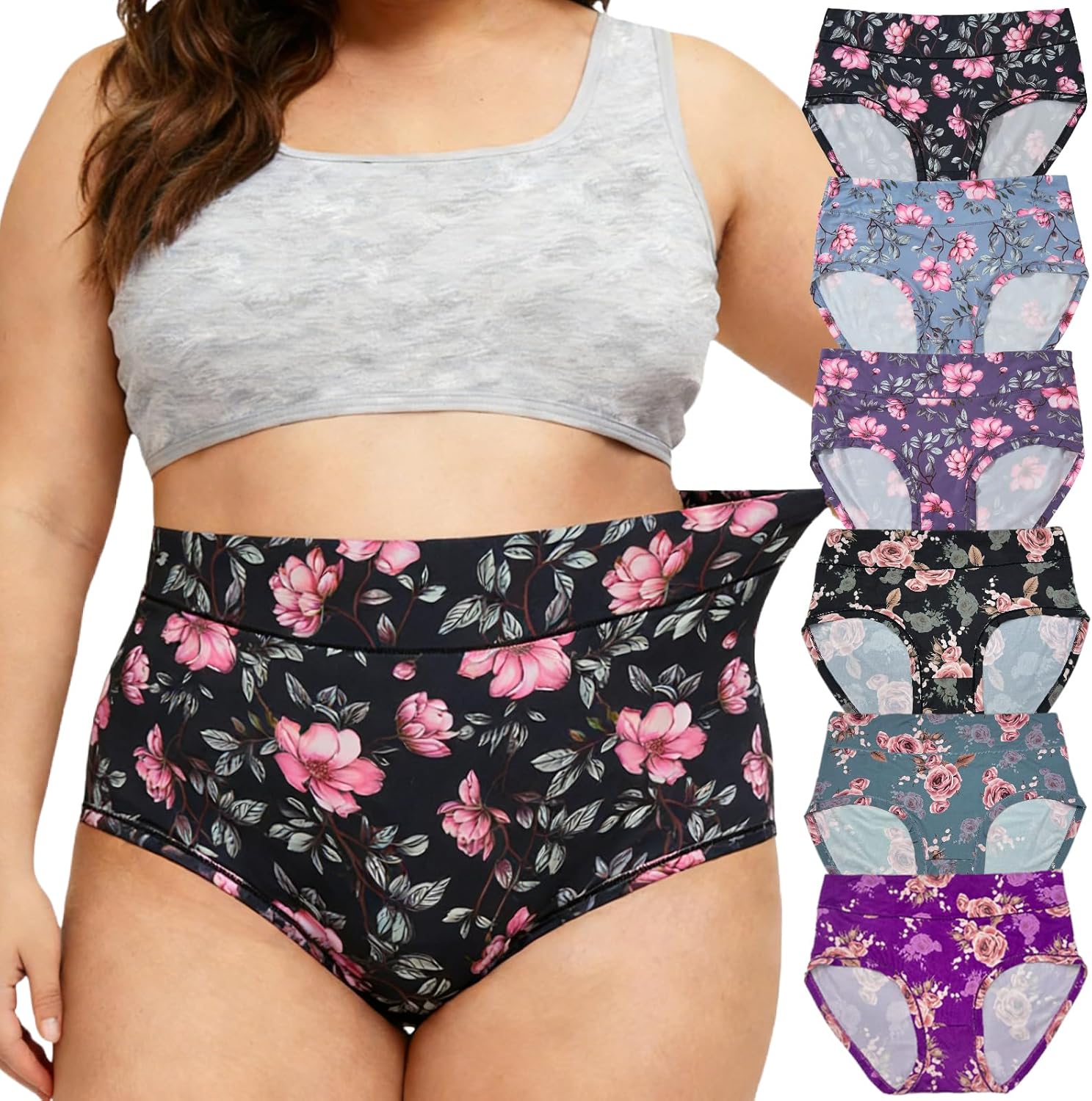 Women's Underwear Plus Size Panties XL-5XL Ladies Briefs Mid High Waisted Full Coverage Floral Undies 6 Pack