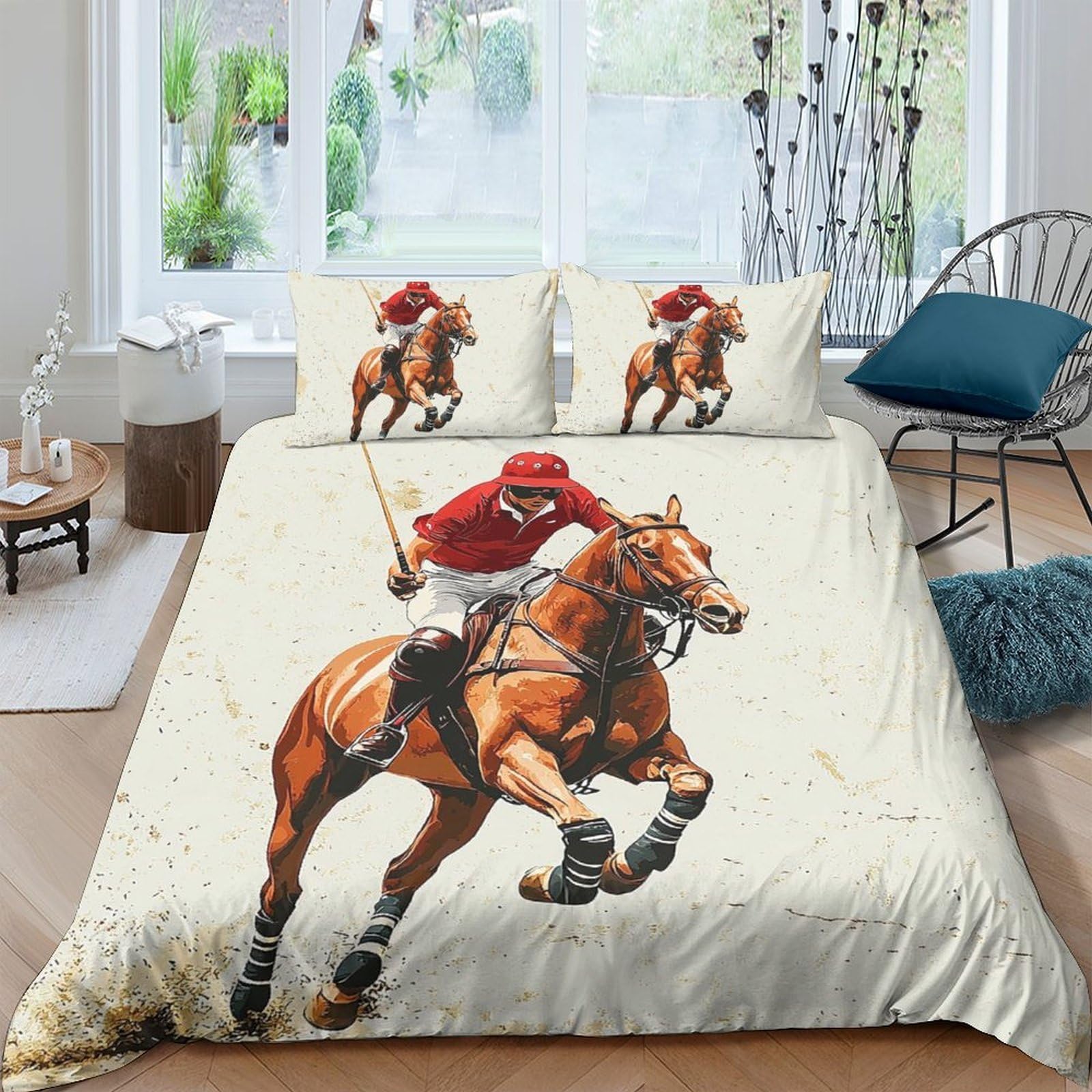 GPLZQXKJNH 3D Printed Polo Horse Duvet Cover Microfiber Soft Breathable Equestrian Rider Bedding Set with 2 Pillowcases for Bedroom Home Decor Single（135x200cm）