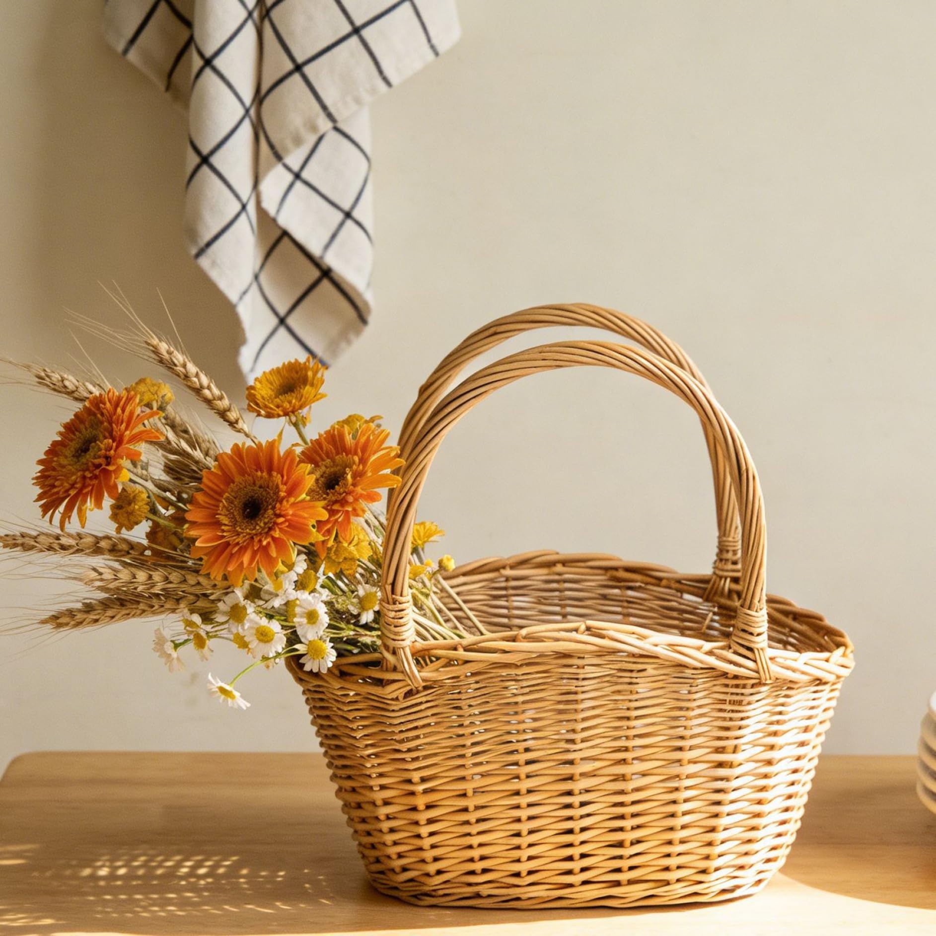 Cesta de Mimbre Tejida a Mano, Cesta de Cosecha Natural con asa para recolectar Almacenamiento de Picnic, decoración del hogar.