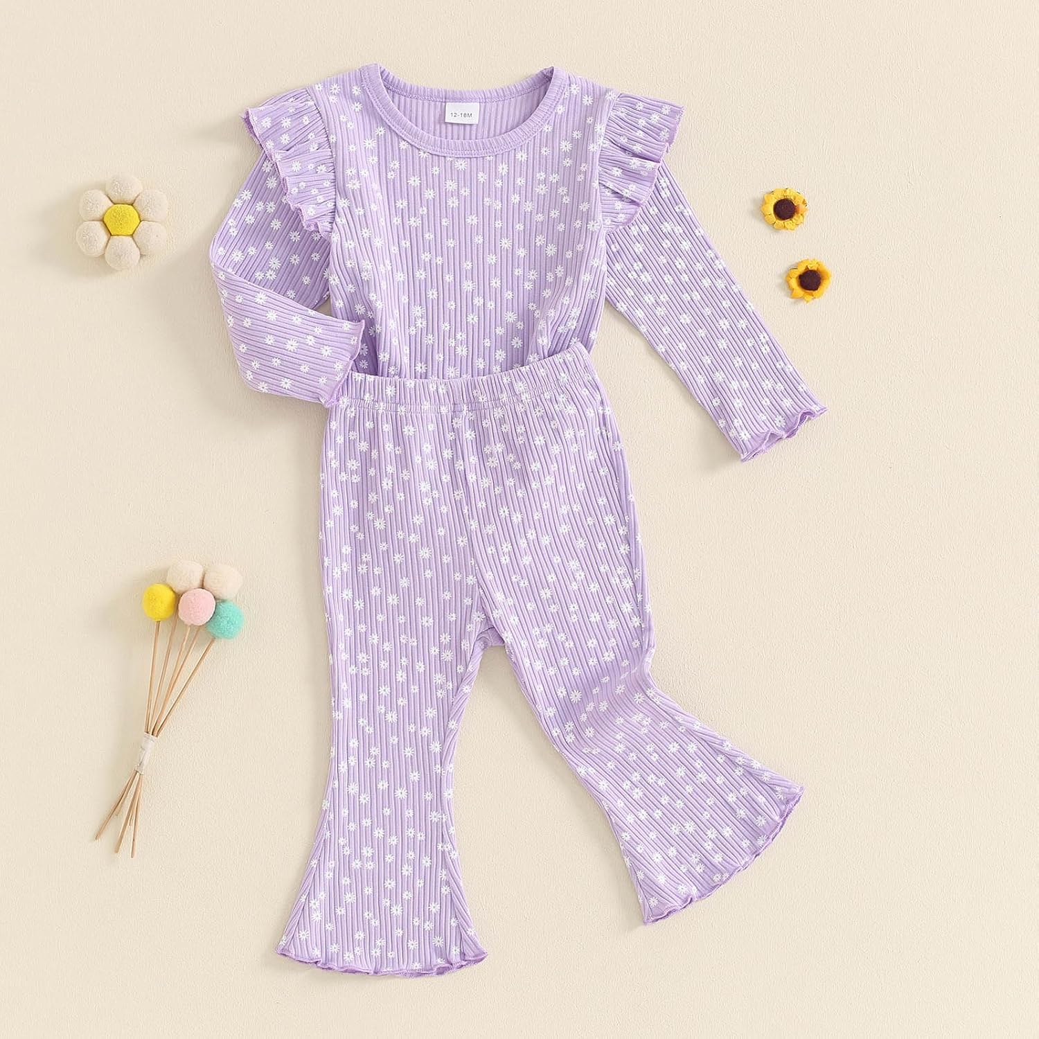 FOCUSNORM Toddler Baby Girl Outfits Ruffle Long Sleeve Striped Trim Tops + Flare Pants Set Toddler 2Pcs Fall Winter Clothes - Image 6