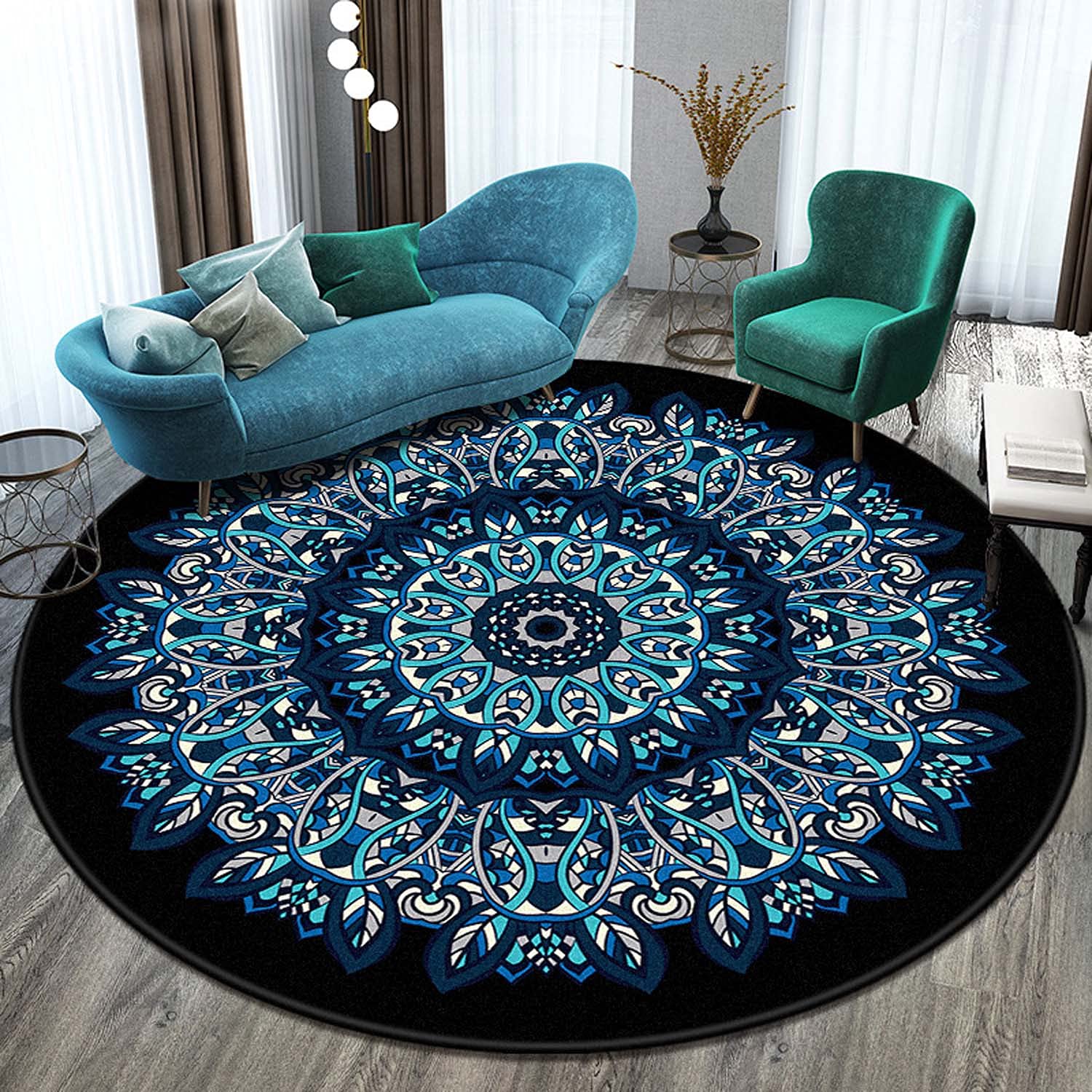 Dhao Tapis Rond Mandala Motif Bohême Moderne pour Salon Chambre à Coucher Cuisine Lavable Grands Antidérapant Tapis Diamètre: 180 cm