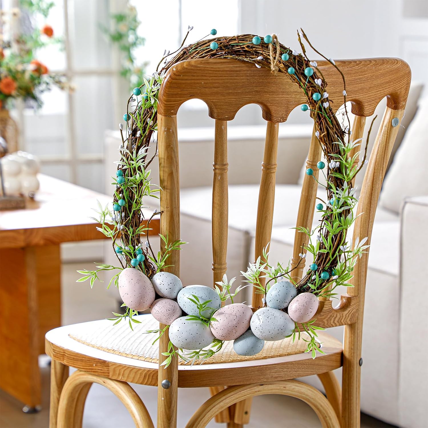 Lyrow Easter Wreaths for Front Door 18 Inch Boho Neutral Artificial Grapevine Pastel Spring Wreaths with Easter Eggs Twig Berry for Entryway Mantel Window Indoor Outdoor Farmhouse Decorations