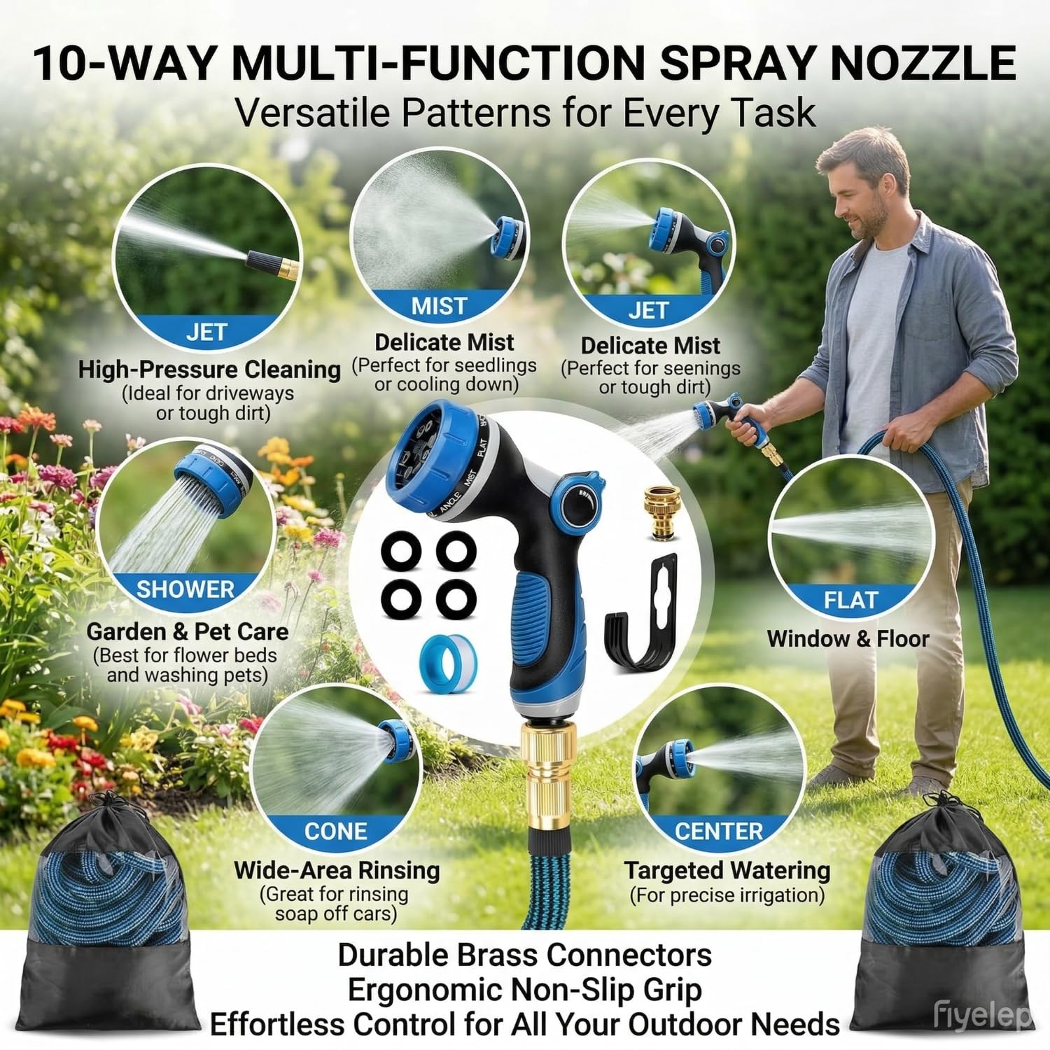 Tuyau d'Arrosage Extensible 15 m,Tuyau Jardin Flexible Retractable,Tuyau d’Eau Réglable avec 1/2'' et 3/4'' Adaptateurs,10 Modes de Pistolet d'arrosage, pour Jardin Moyen (blau, 15)