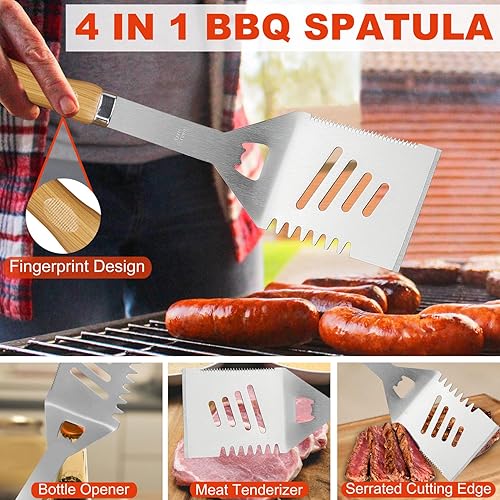 Miniatura 2 de N NOBLE FAMILY Juego de accesorios para parrilla de alta calidad con mango liso de grano de bambú, juego de 30 herramientas de barbacoa de acero