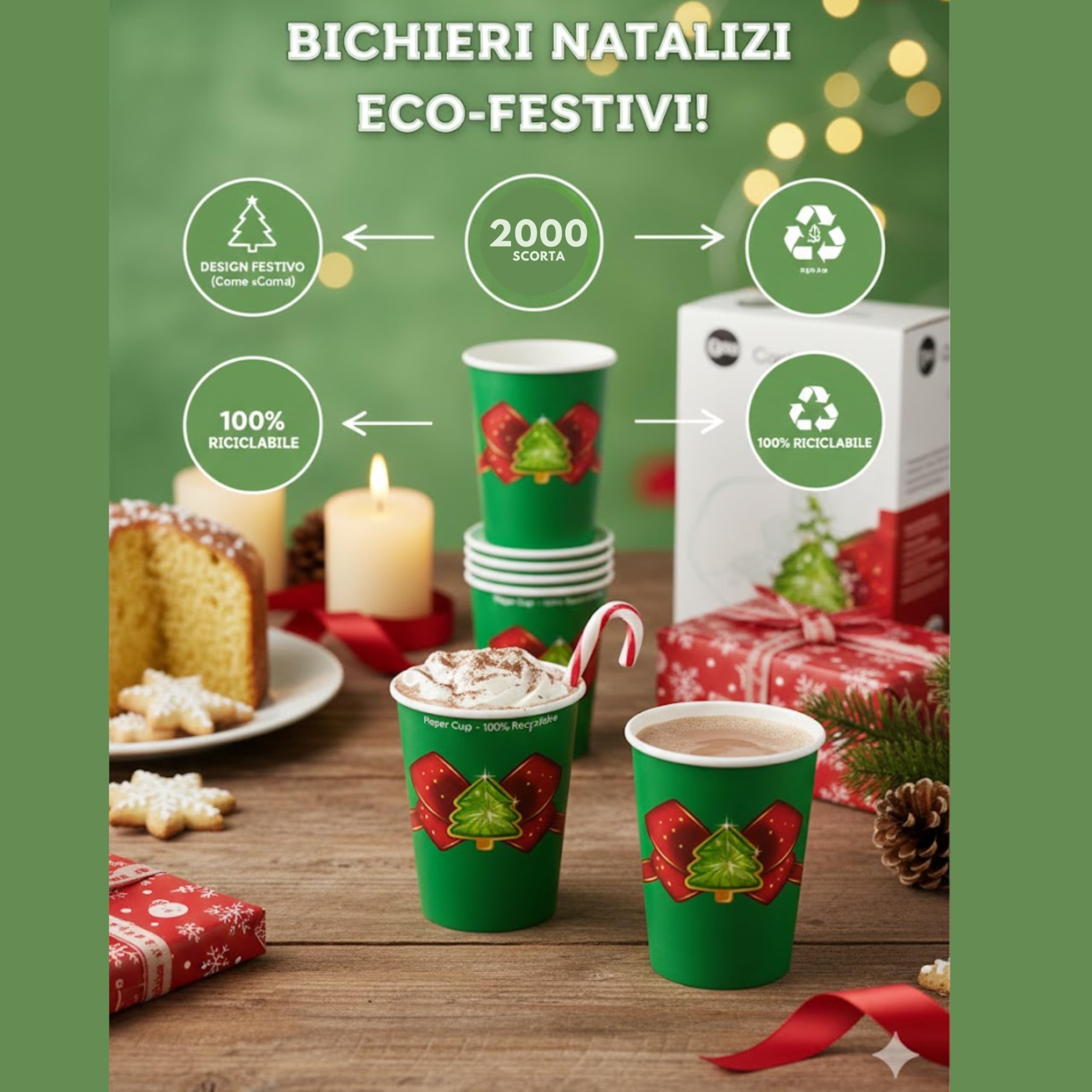 ecodrinks - 2000 Bicchieri di Natale in Carta da 180ml - Set Bicchieri Natalizi Monouso per Bevande Calde/Fredde - Biodegradabili, Eco-friendly e Made in Italy