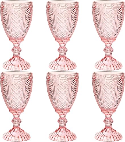 Juego de 6 copas de vino rosa, copas de vidrio coloridas hechas de colores sólidos de vidrio, cristalería rosa vintage, vasos para boda, cumpleaños,