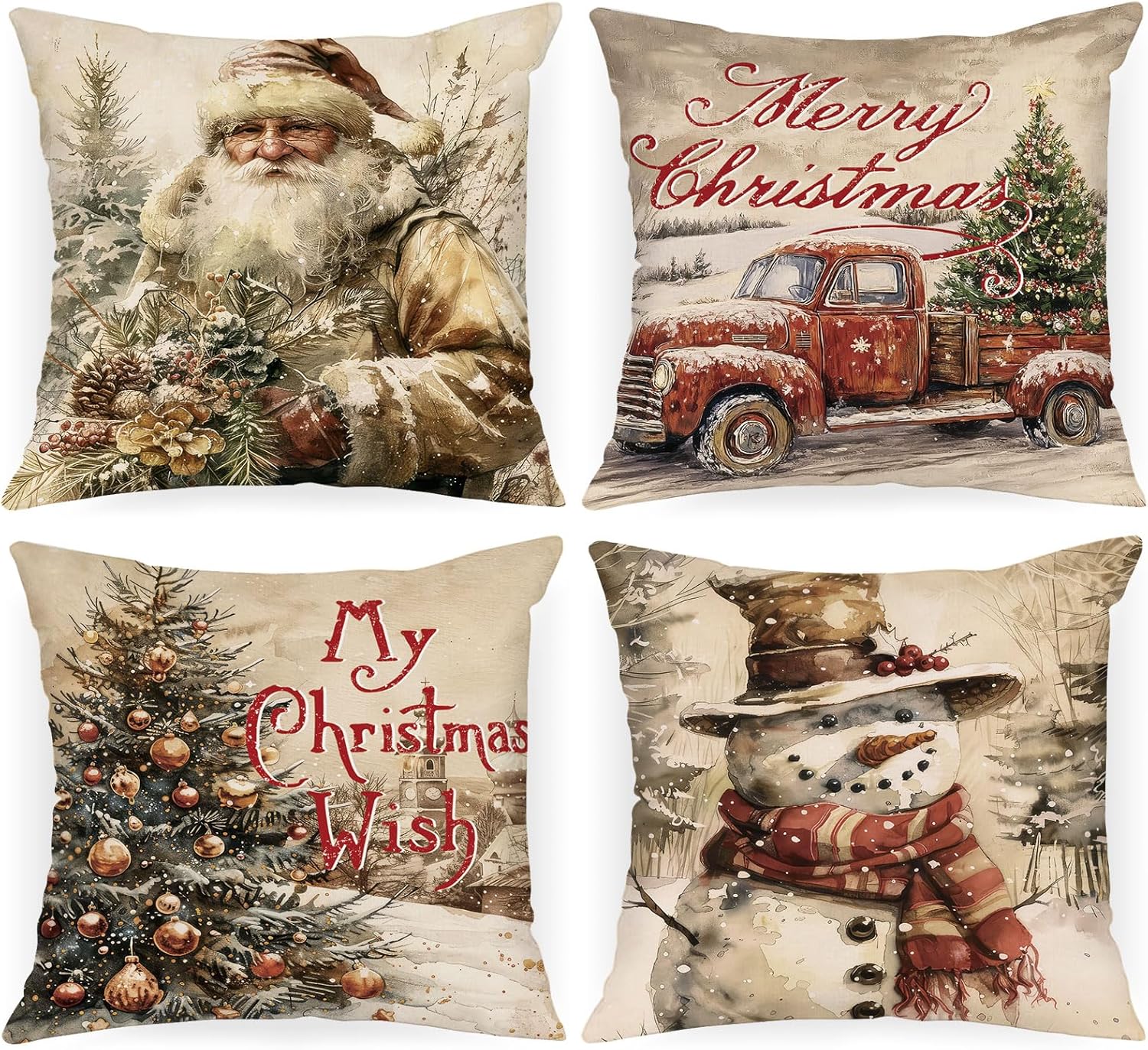 Lanpn 18x18 Christmas Throw Pillow Covers Set of 4, Christmas Pillow Cover Vinage Xmas Tree Truck Snowman Santa Pillow Case Holiday Decorative Cushion Covers for Home Room Sofa Couch Decor