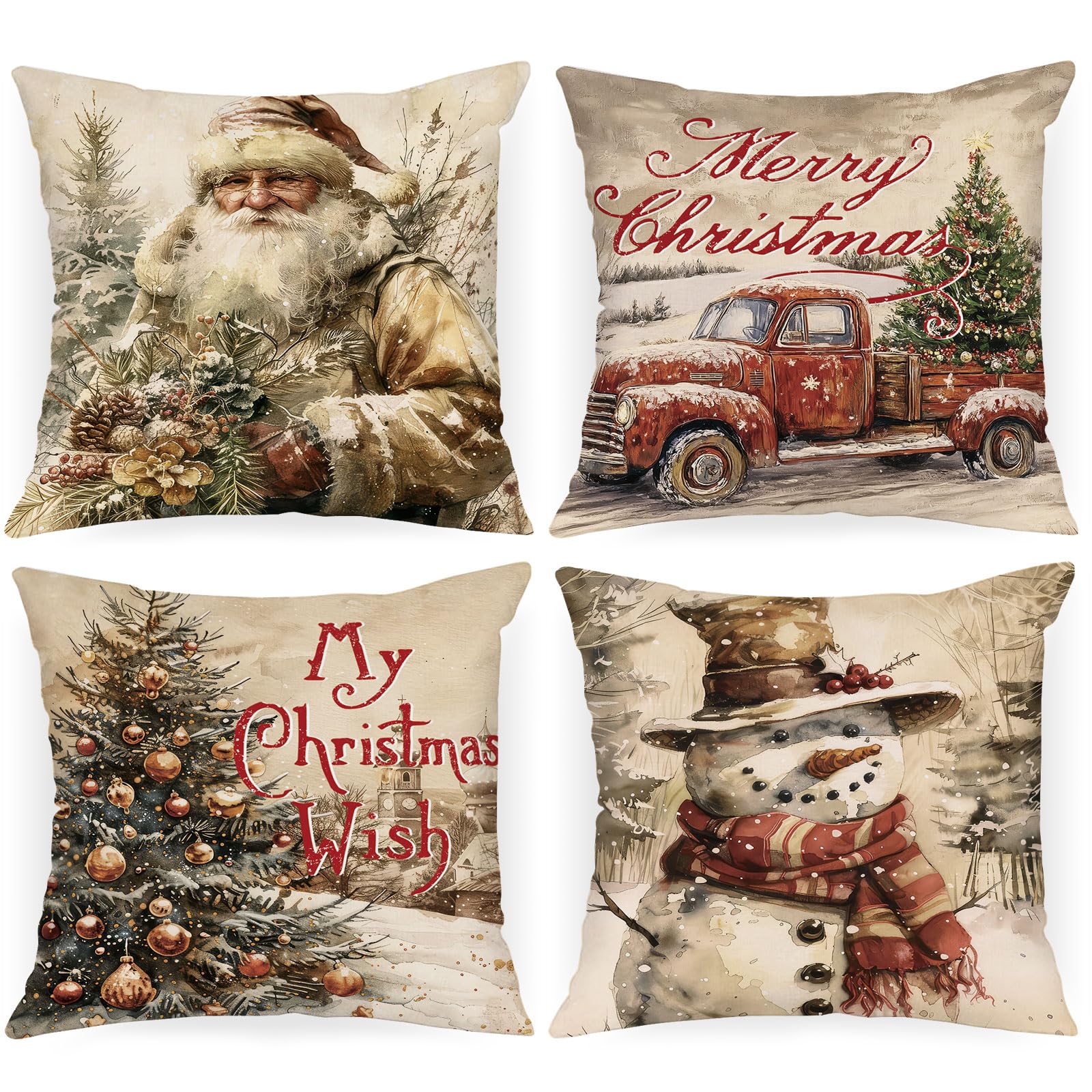 Set Of 4 Christmas Pillow Covers – 20x20 Inch Holiday Decor With Snowman, Santa & Truck Designs - View #5