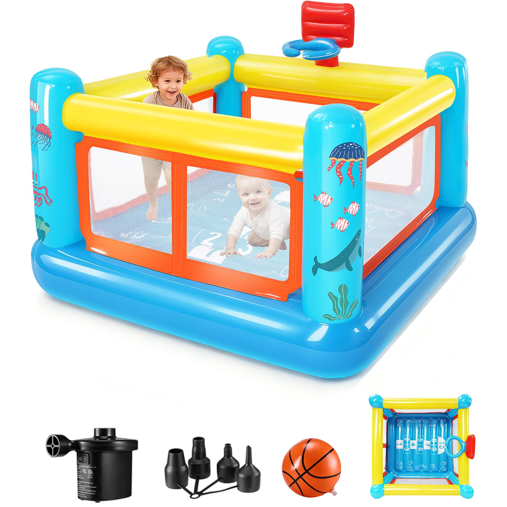 Gonfiabile castello gonfiabile per bambini dai 3 ai 6 anni, piccola casetta giocattolo in PVC con cuscino gonfiabile, canestro da basket e gioco di rimbalzo, pompa ad aria inclusa