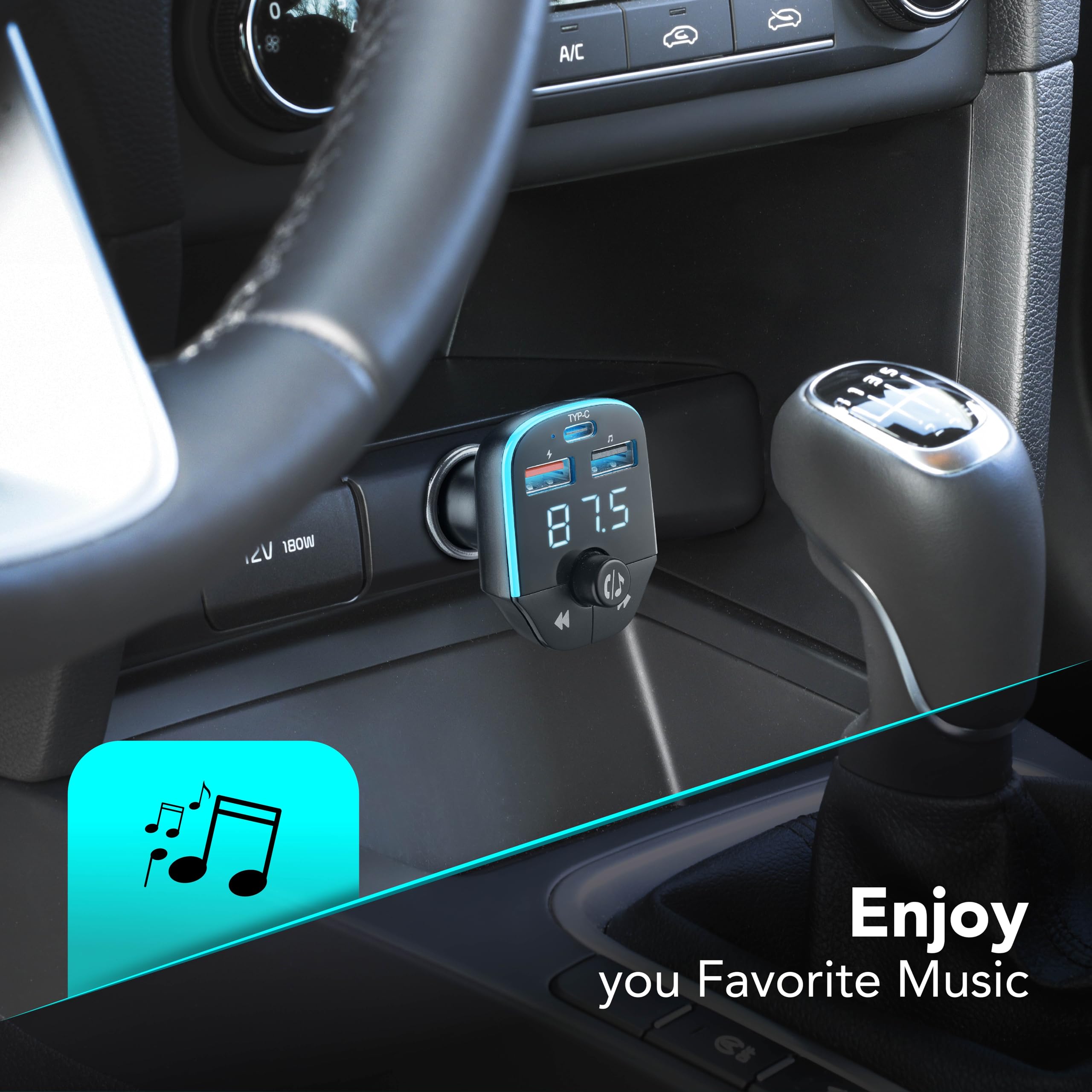 Cellularline - Car FM Transmitter - Trasmettitore FM Bluetooth® per autoradio - USB Music Player - Caricabatterie Auto 20W - Quick Charge 3.0 - Chiamate Hands Free - Luci RGB - Nero