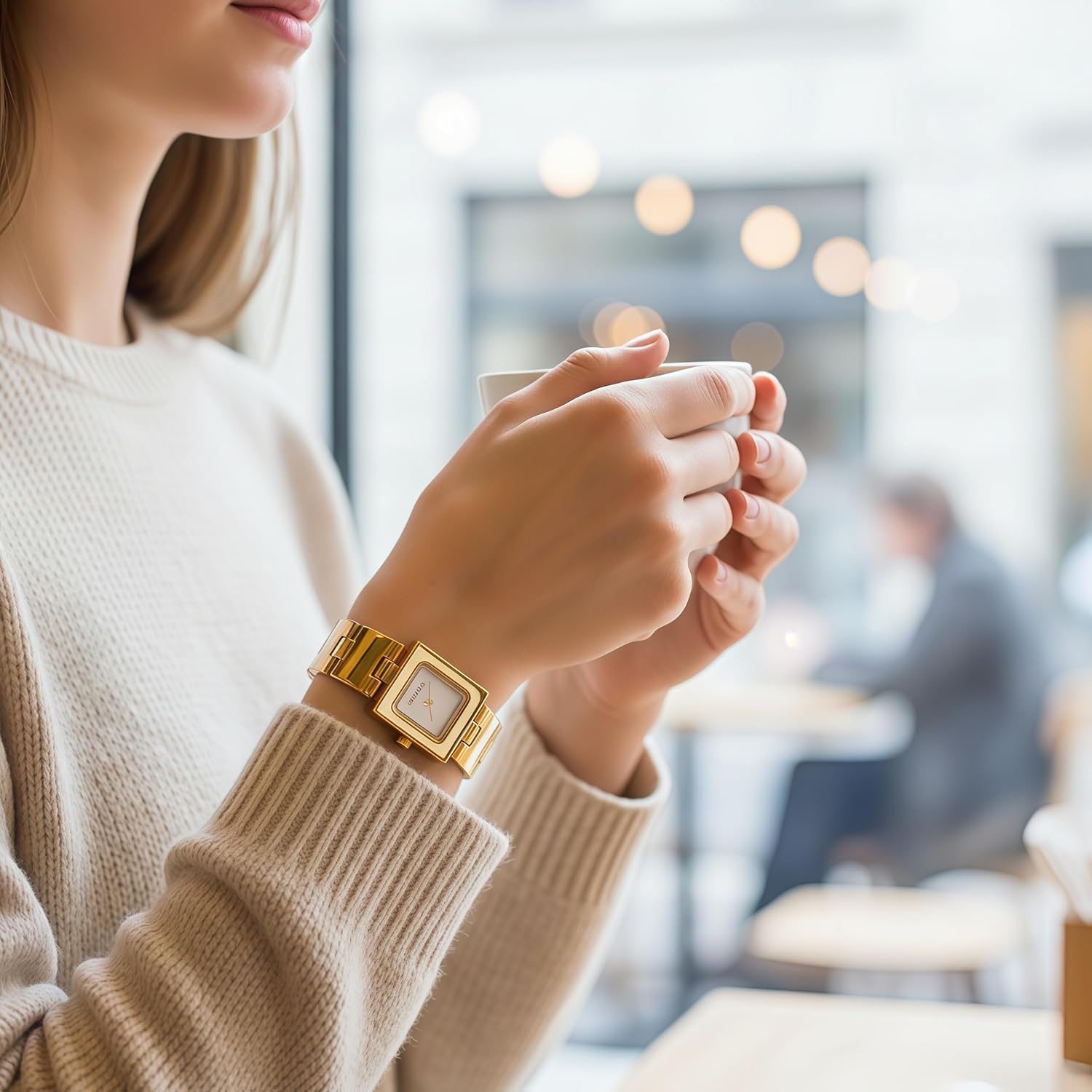 Womens Gold Watch Dainty Analog Dress Timepiece with Bangle Bracelet Minimalist Square Case Mother of Pearl Dial Water Resistant Fashion Designer Piece Inspired by Western Jewelry for Women - Image 5