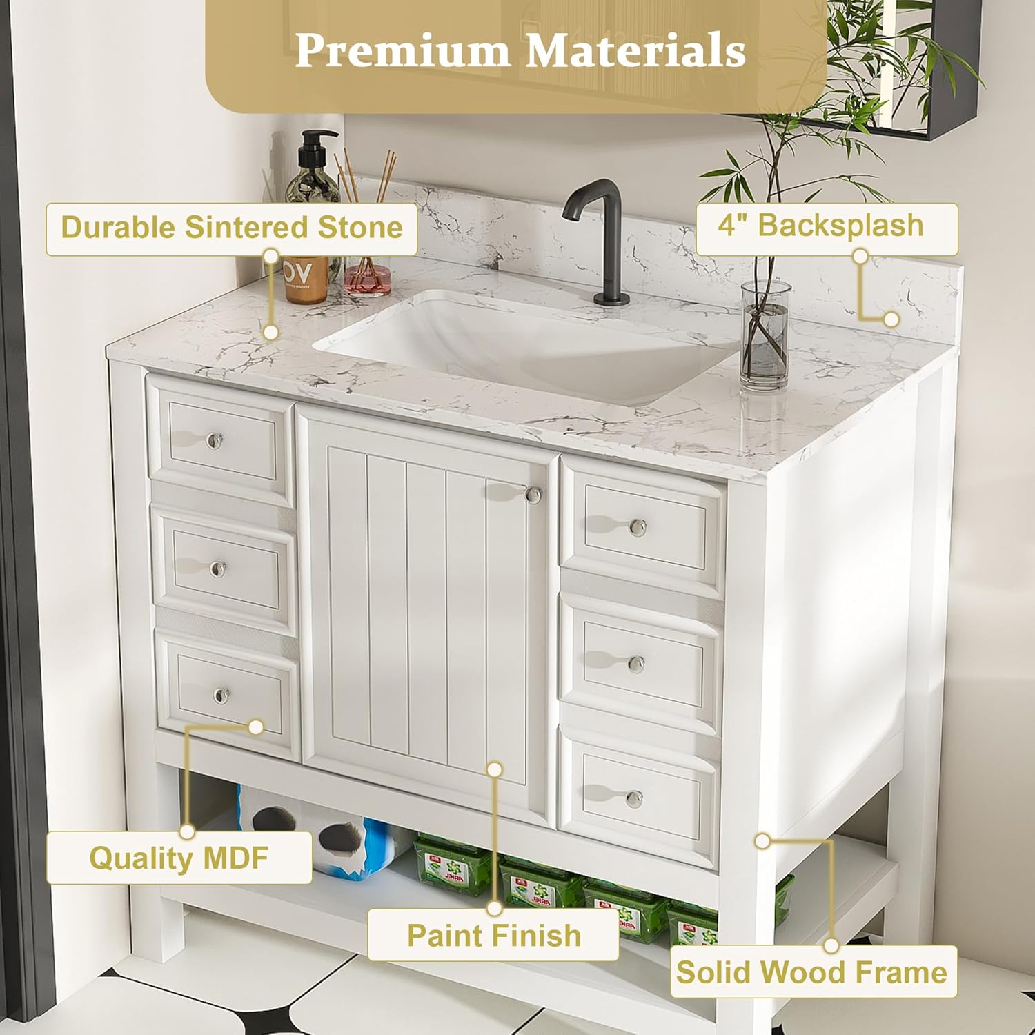 36 Inch Bathroom Vanity with Sink&Countertop,Carrara White Sintered Stone Vanity Top with Sink&Backsplash,Bathroom Cabinet Set with Cabinet & Drawers(Single Hole)