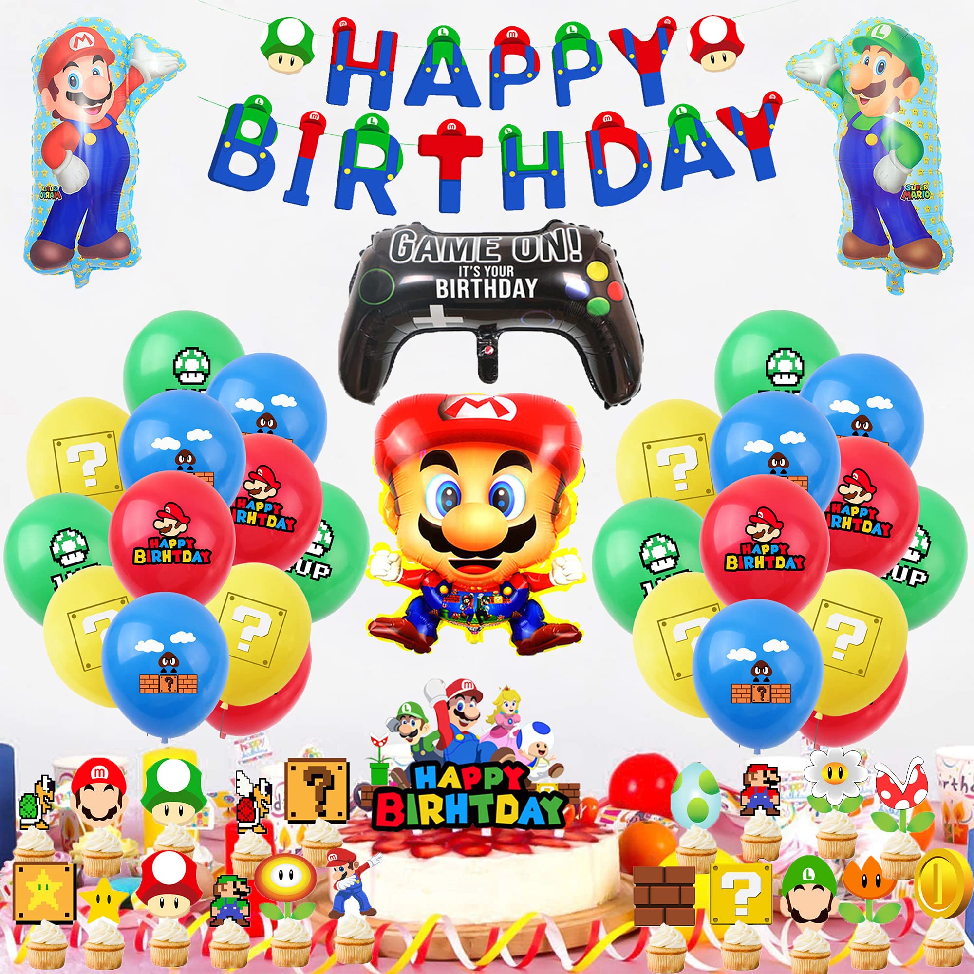 Mario Birthday Party Decoration Super Mario Balloons Happy Birthday Banner Cake Topper