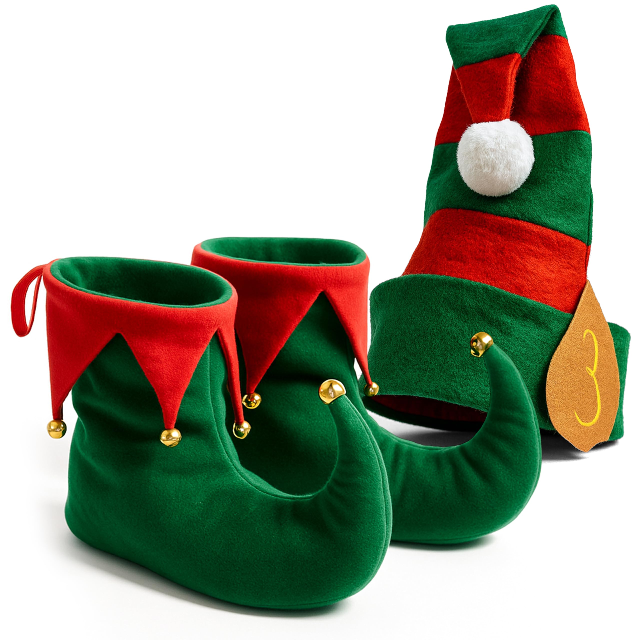 VINCAM Christmas Elf Hat and Shoes Set, Red & Green Little Helper Costume Accessories
