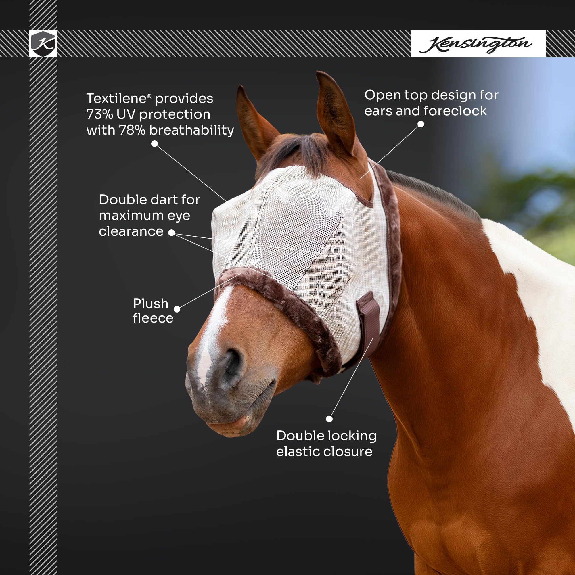 Kensington - Máscara antimoscas con ribete de forro polar para caballos, protege la cara y los ojos de las moscas y los rayos del sol mientras permite una visibilidad completa, transpirable y no