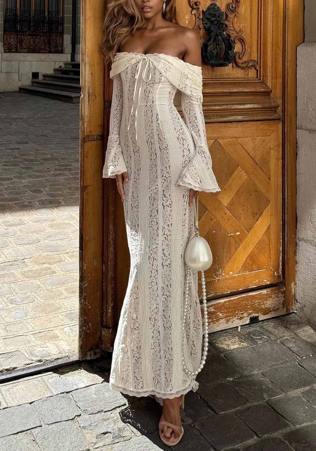 LETSVDO Women's Elegant Off Shoulder Lace Maxi Dress Bell Sleeve Bodycon Mesh Mermaid Dress(for Wedding,Evening,Party) - Image 3