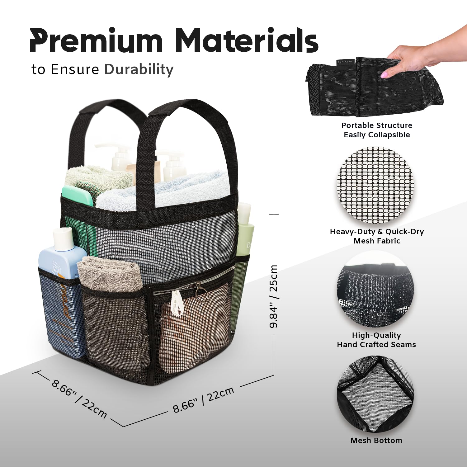 DV Lifestyle Mesh Shower Caddy Dorm, 7 Pockets & 1 with Zipper, Bathroom Tote with Padded Handles, Portable Travel Bath Bag - Image 3