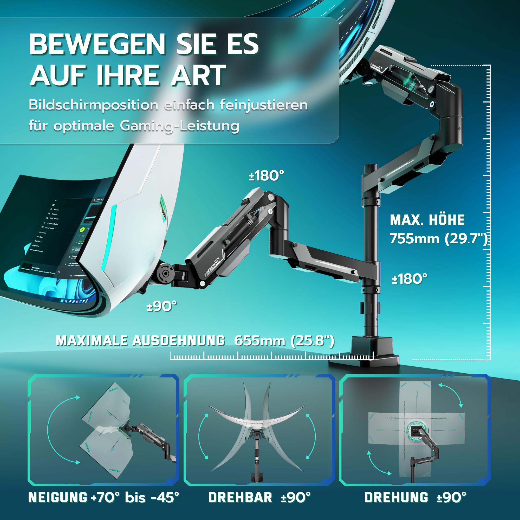 ARES WING Monitor Halterung 2 Monitore mit Stange, Schwarz | übereinander für 24-57 Zoll Bildschirme, bis zu 27/22 kg, Bildschirmhalterung 2 Monitore Höhenverstellbar, VESA 75/100/200