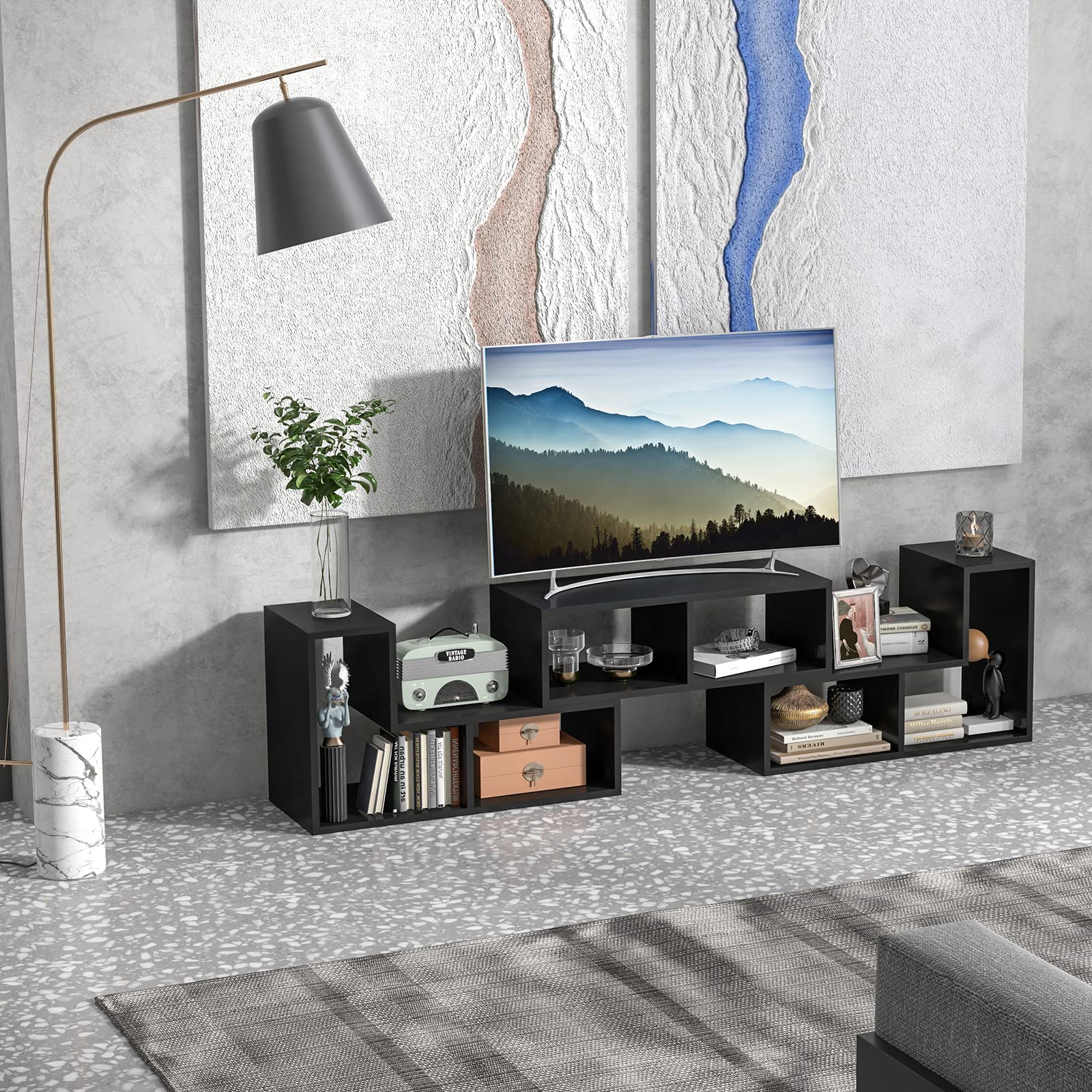 GIANTEX Mobile TV con Ripiani Aperti, Supporto per TV Moderno Fino a 65 Pollici, Ideale per Soggiorno,Camera, 2 Colori,134-180x30x43 cm (Nero)