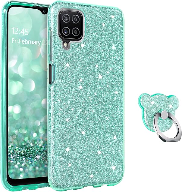 BENTOBEN Samsung A12 Phone Case, Samsung A12 Case Glitter, Three Layer Shockproof Hybrid Hard PC Bumper Protective Silicone Sparkly Case with Finger Ring Stand Samsung A12, Green
