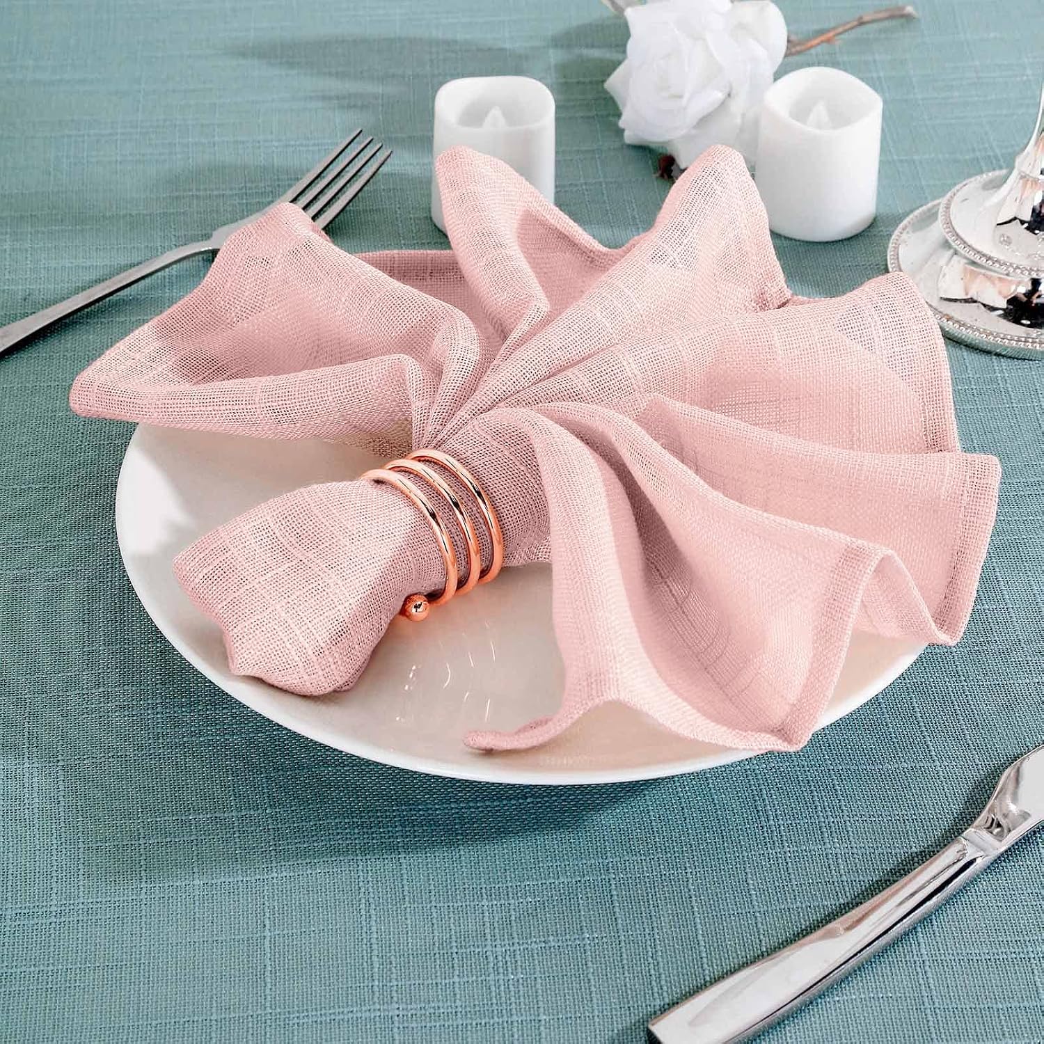 Efavormart 5 Pack Blush 20"x20" Premium Faux Linen Napkins Slubby Textured Wrinkle Free Napkins