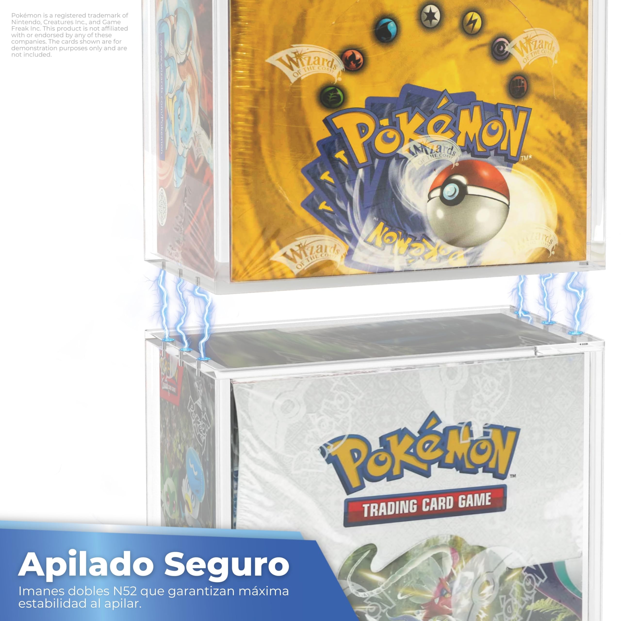 Protector Booster Box Pokémon con Imanes N52 – Caja Pokémon Acrílica con Protección UV 99% Transparente, Resistente y Apilable