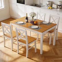 5-Piece Solid Wood Dining Table Set for 4, Rubberwood Kitchen Table with 4 Chairs, Natural White Space-Saving Apartment Dining Set for Small Spaces, Easy Clean Smooth Surface Light Teak